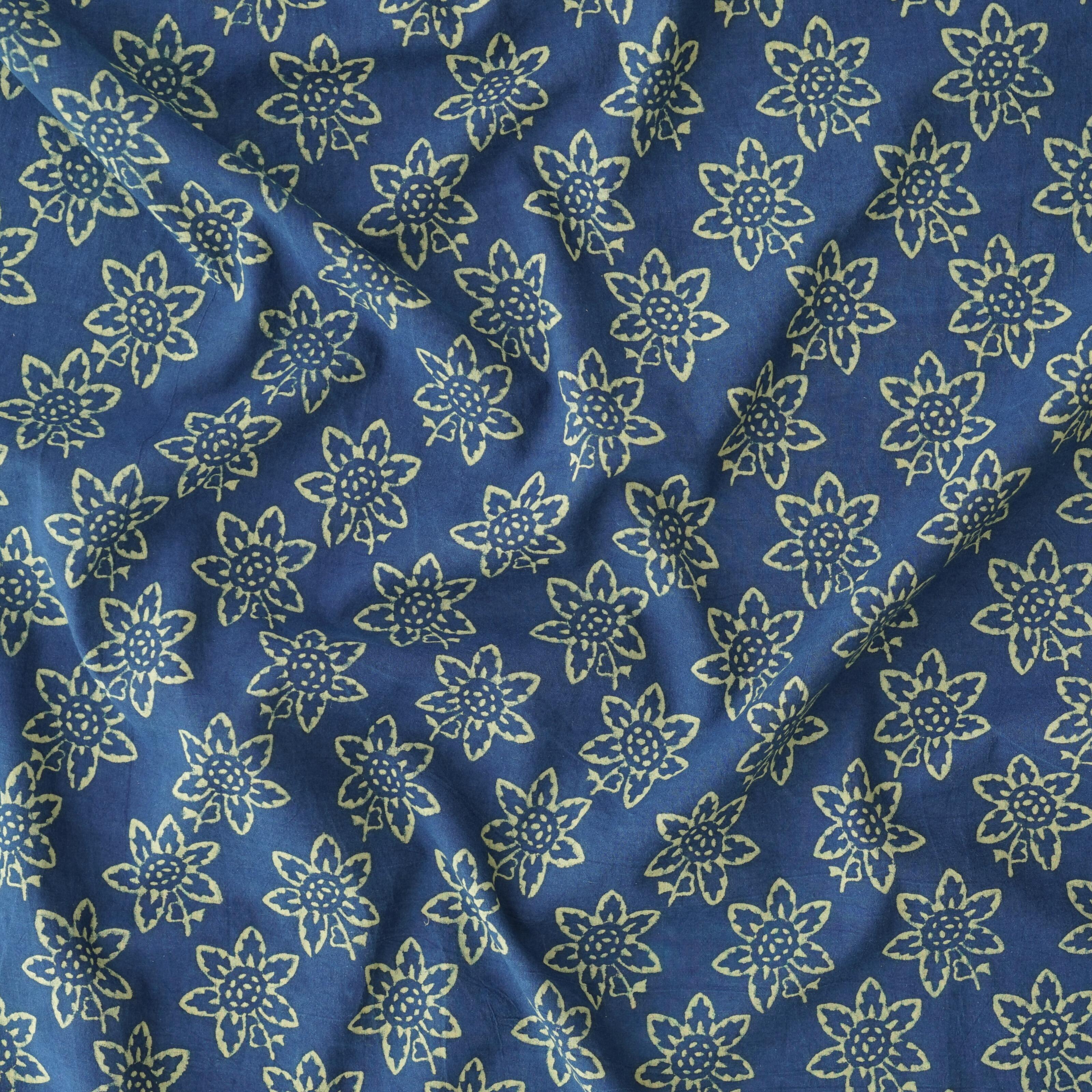 1 - AHM55 - Block-Printed Fabric - Flower Print - Indigo Blue & Tamarisk Yellow - Contrast