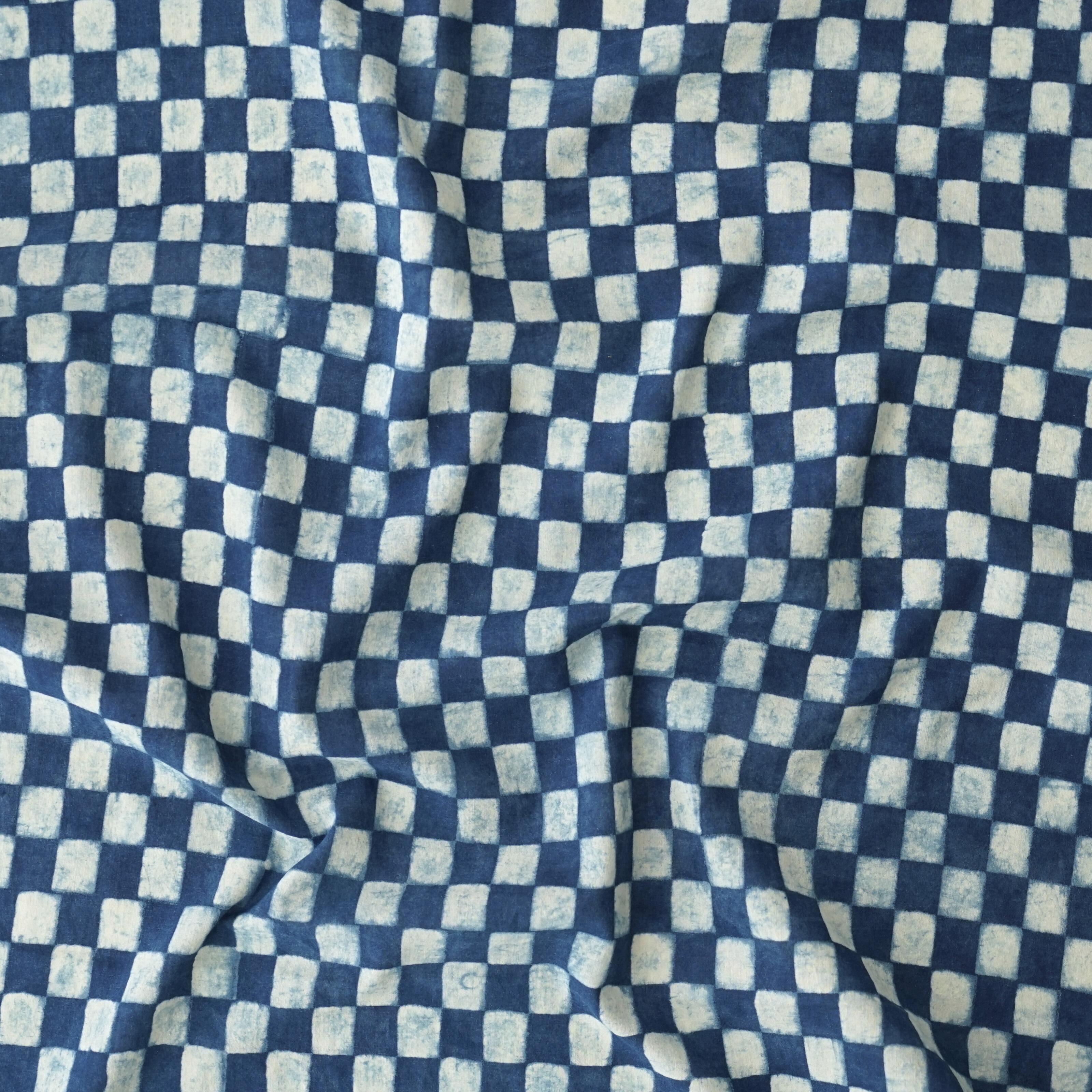 Block-Printed Cotton - Checkers Print - Indigo Dyed - Contrast