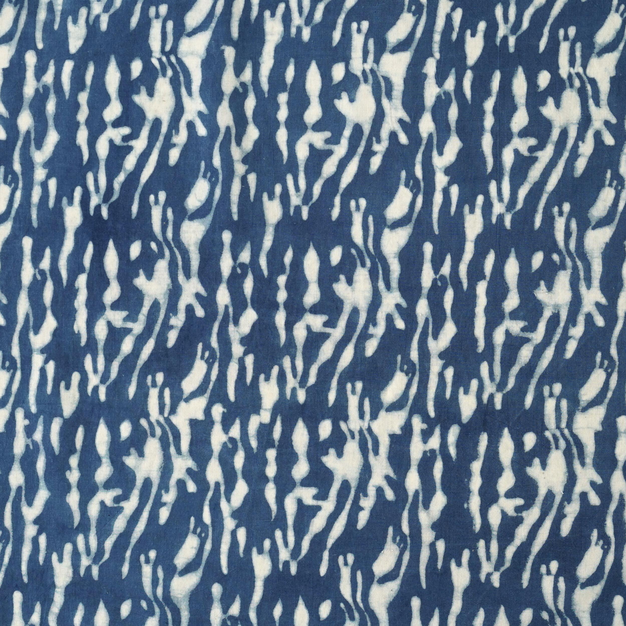 100% Block-Printed Cotton Fabric from India - Ajrak - Indigo White Tiger Print - Flat