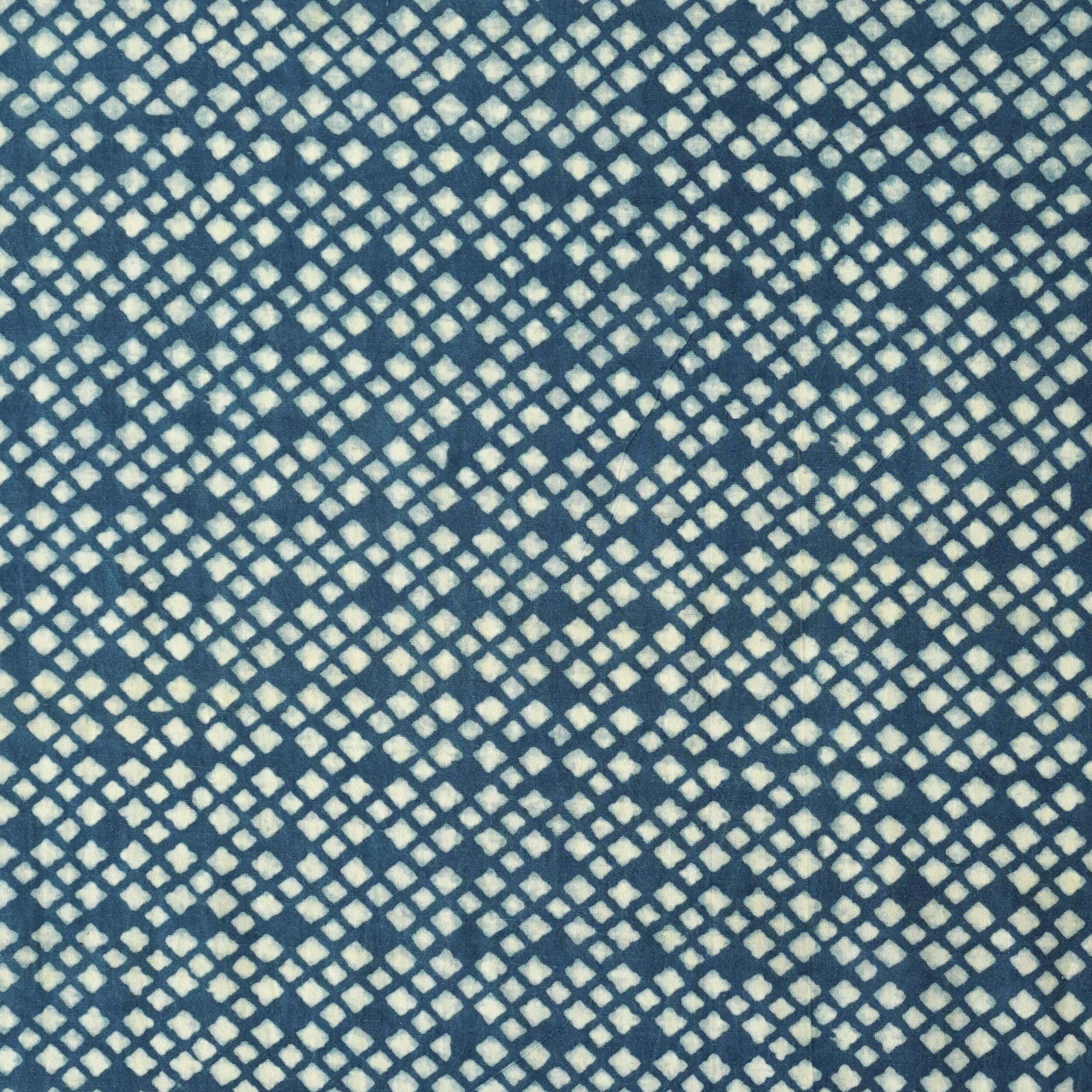 SIK28 - Indian Woodblock-Printed Cotton Fabric - Mosaic Design - Indigo Dye - Flat