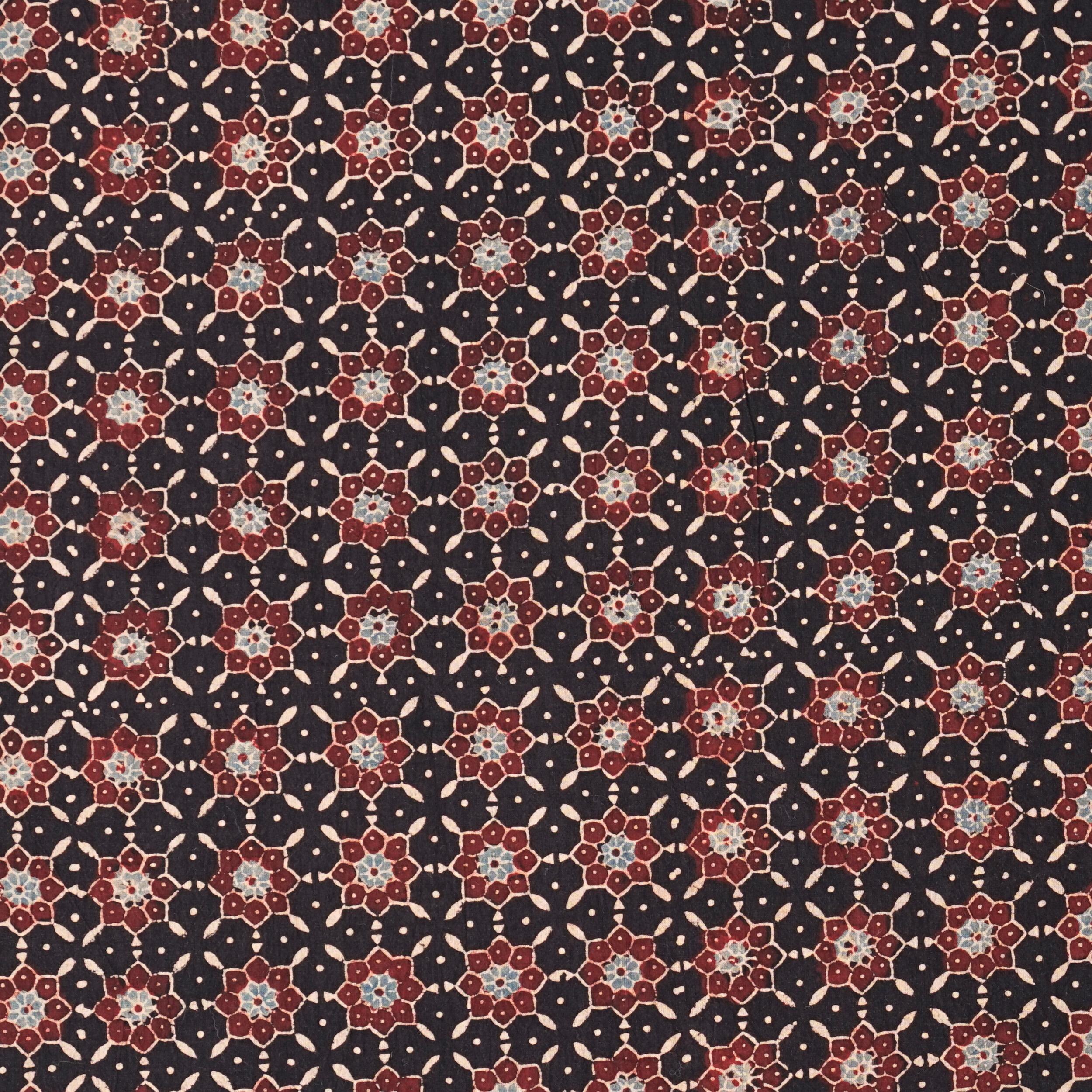 Ajrak Block-Printed Cotton - Starburst Print - Iron Black, Alizarin Red, Indigo - Flat