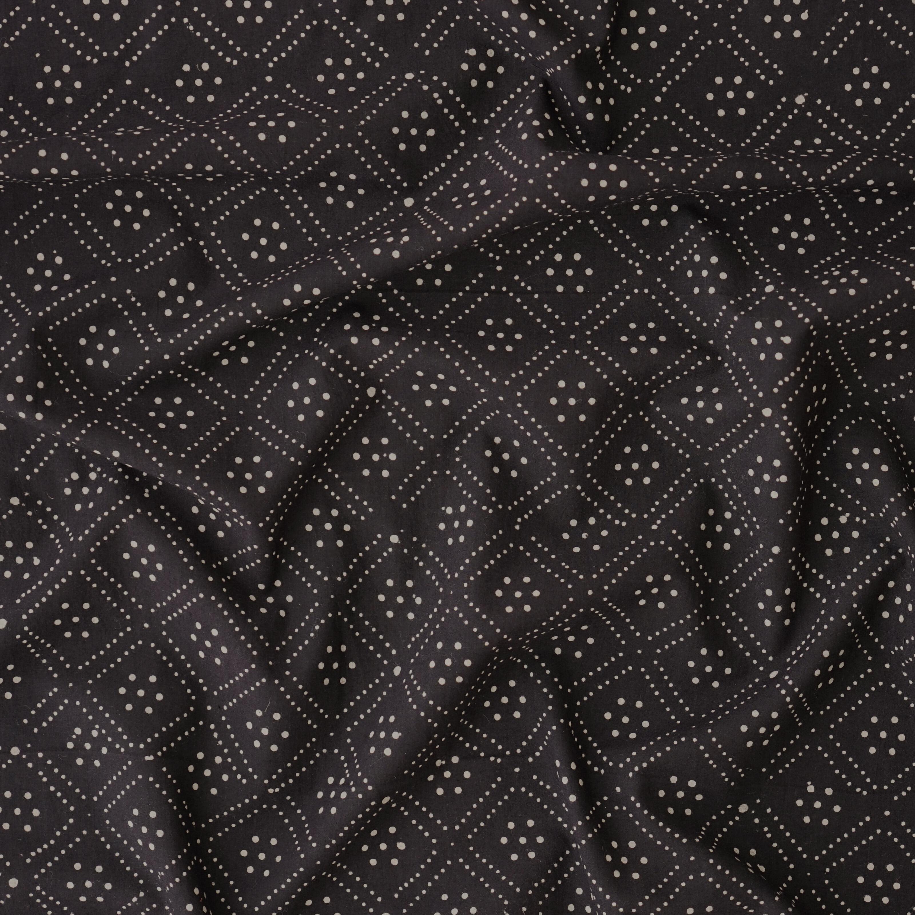 AHM24 - Block Printed Fabric, 100% Cotton, Ajrak Design / Black Diamond Dots. Contrast