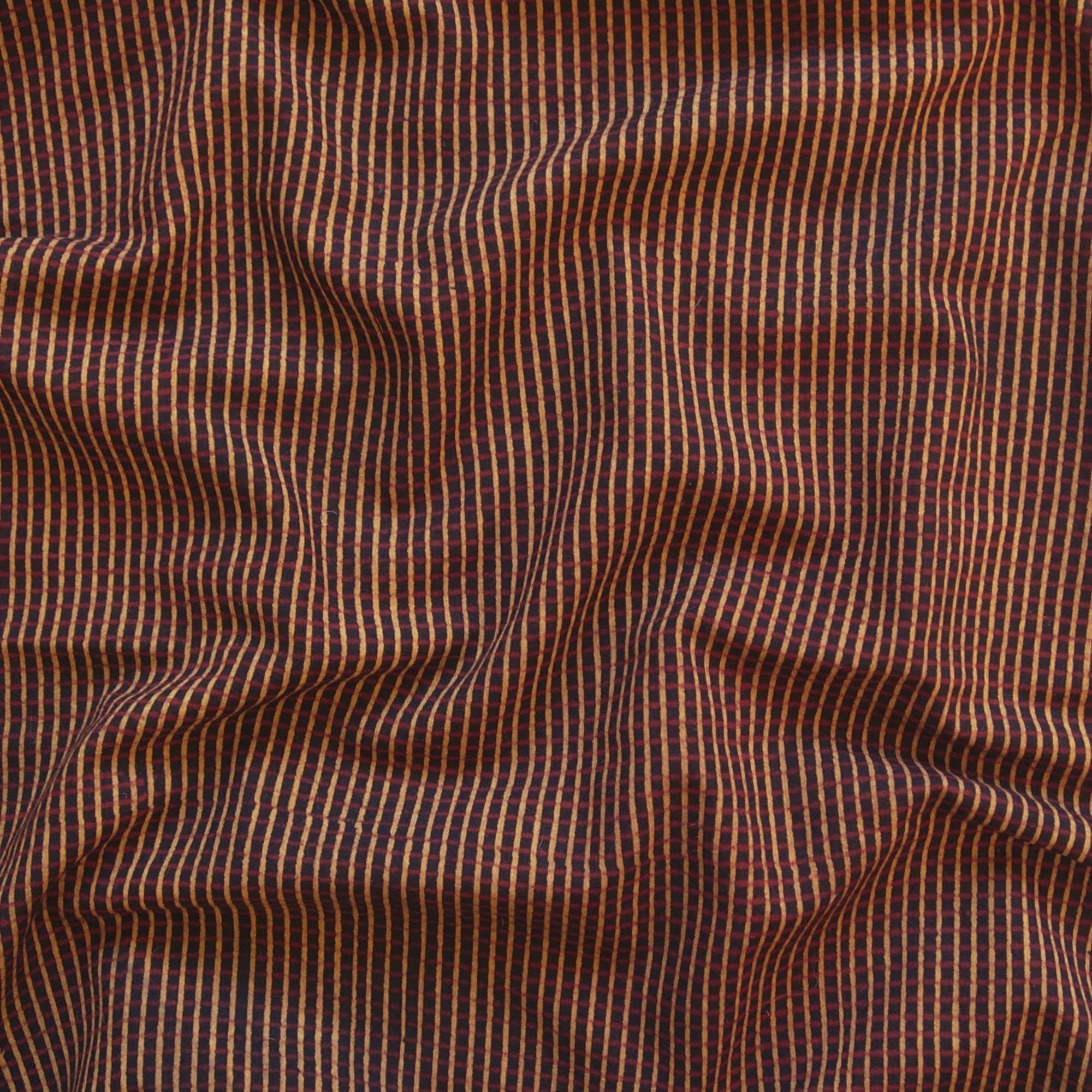 Block Printed Fabric, 100% Cotton, Ajrak Design: Black Base, Ochre Columns, Red Rows. Contrast