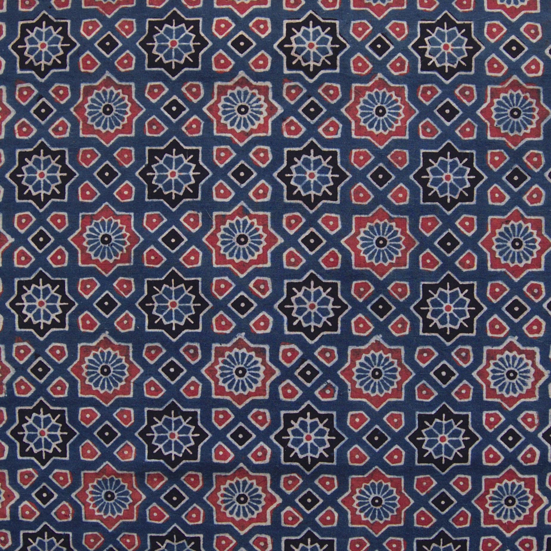 Block Printed Fabric, 100% Cotton, Ajrak Design: Blue Indigo Base, Madder Red, Iron Black Star. Close Up