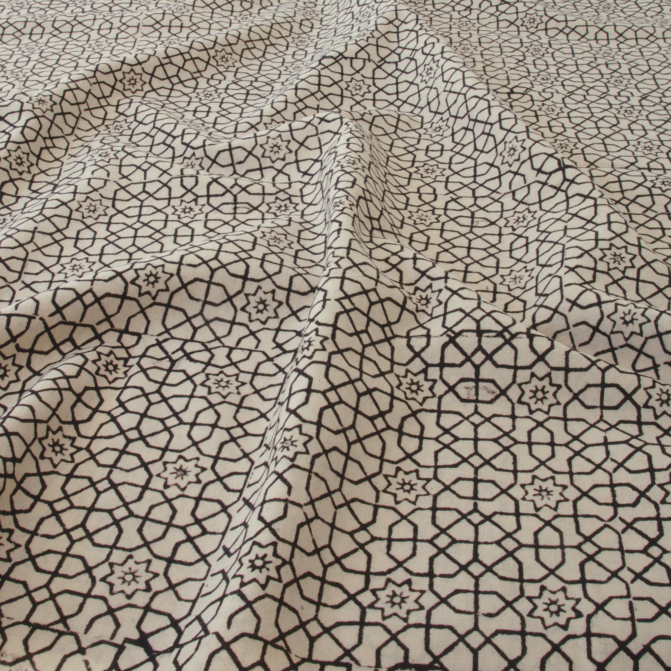 Block Printed Fabric, 100% Cotton, Ajrak Design: Beige Base, Iron Black Octagon. Angle