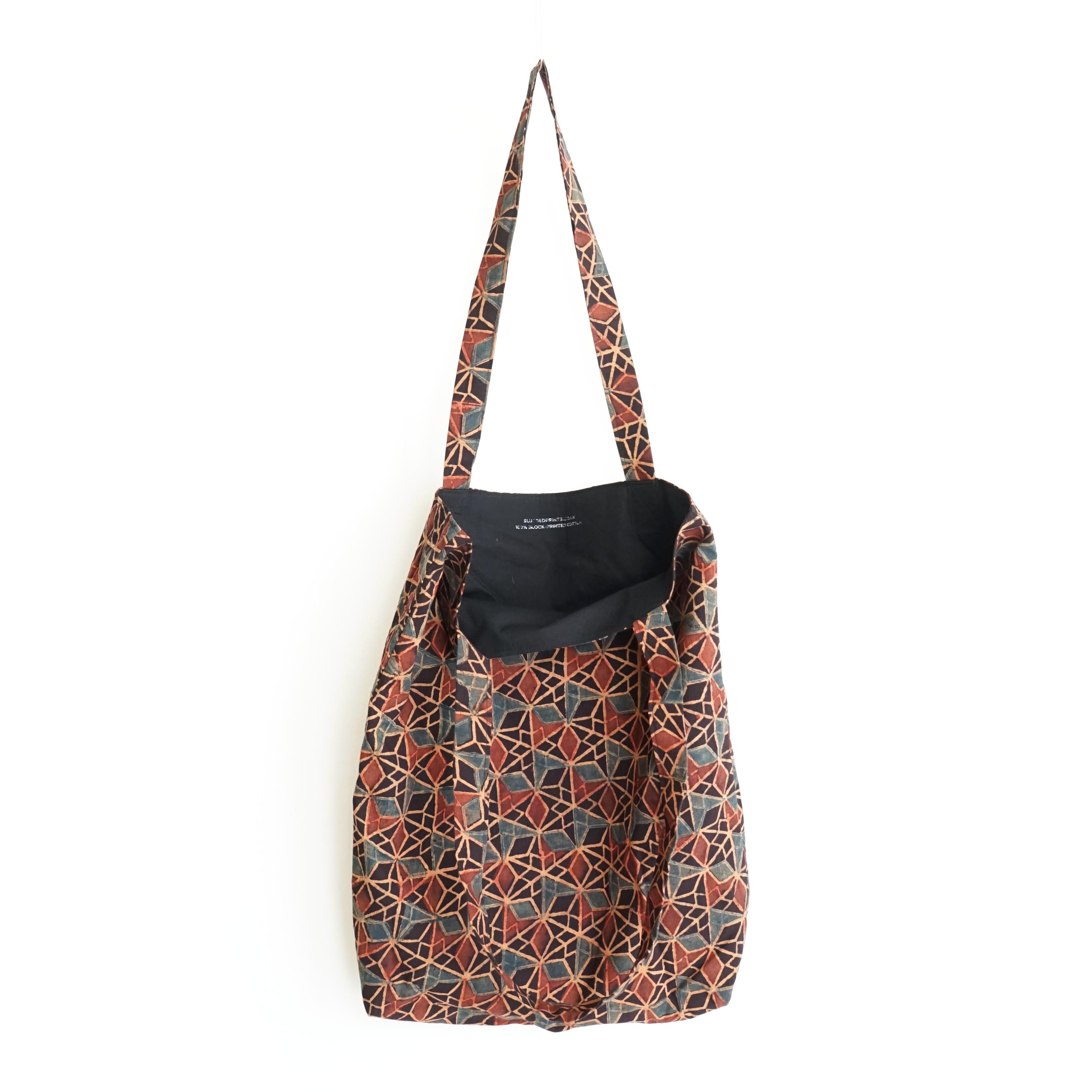 block printed cotton tote bag, black, red ochre blue wing design, natural dye, lined with black cotton, open