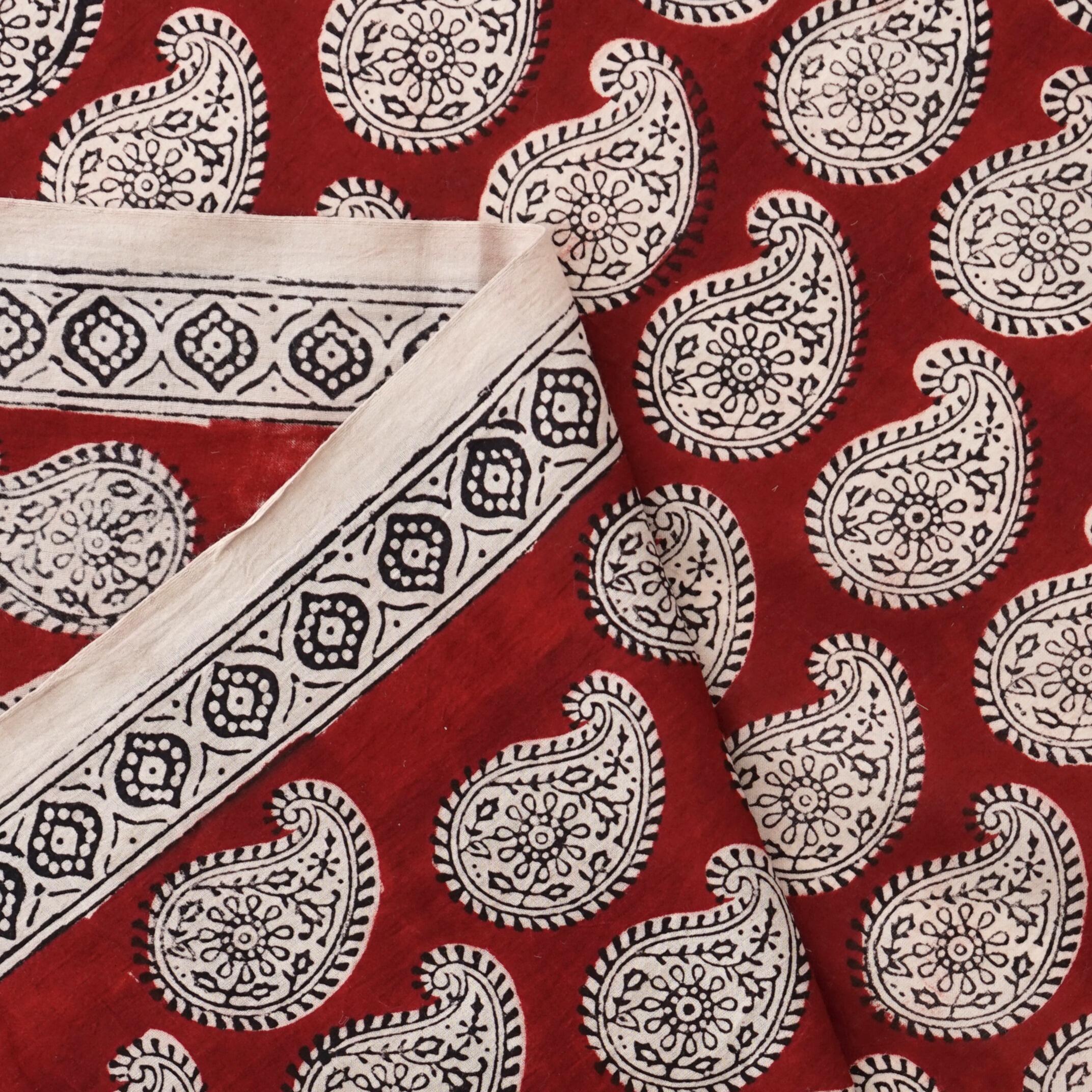 100% Block-Printed Cotton Fabric From India- Bagh - Alizarin Red Paisley Print - Selvedge