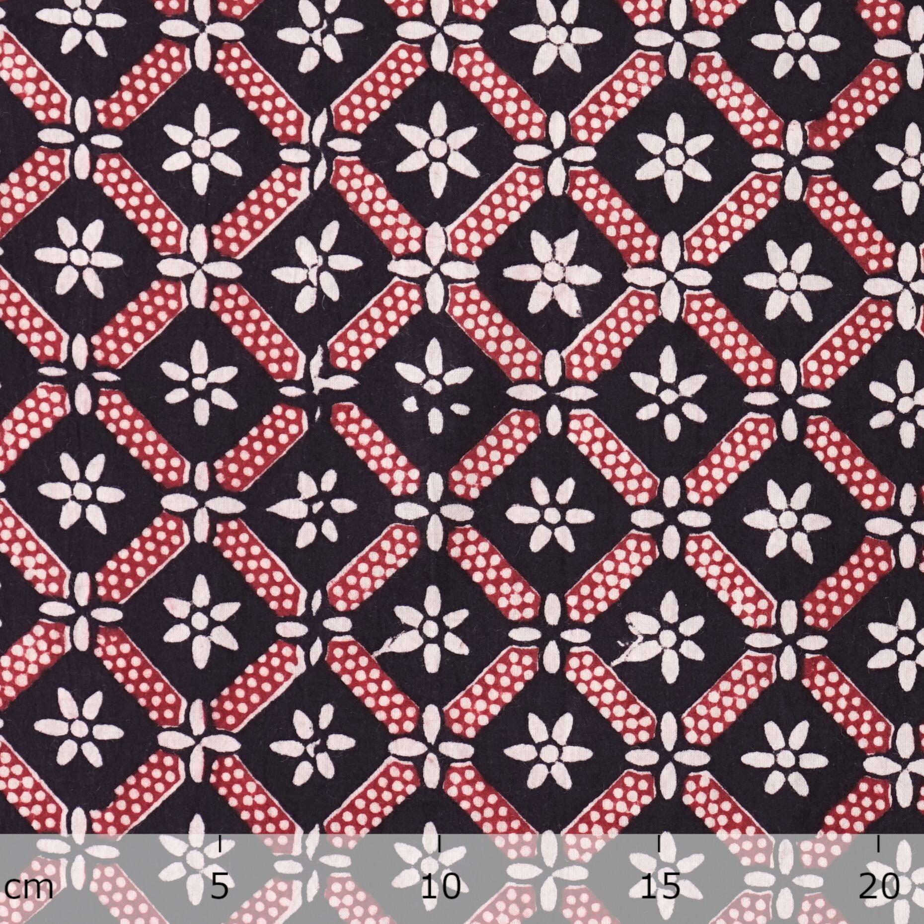 100% Block -Printed Cotton Fabric From India - Barley Design - Iron Rust Black & Alizarin Red Dyes - Ruler