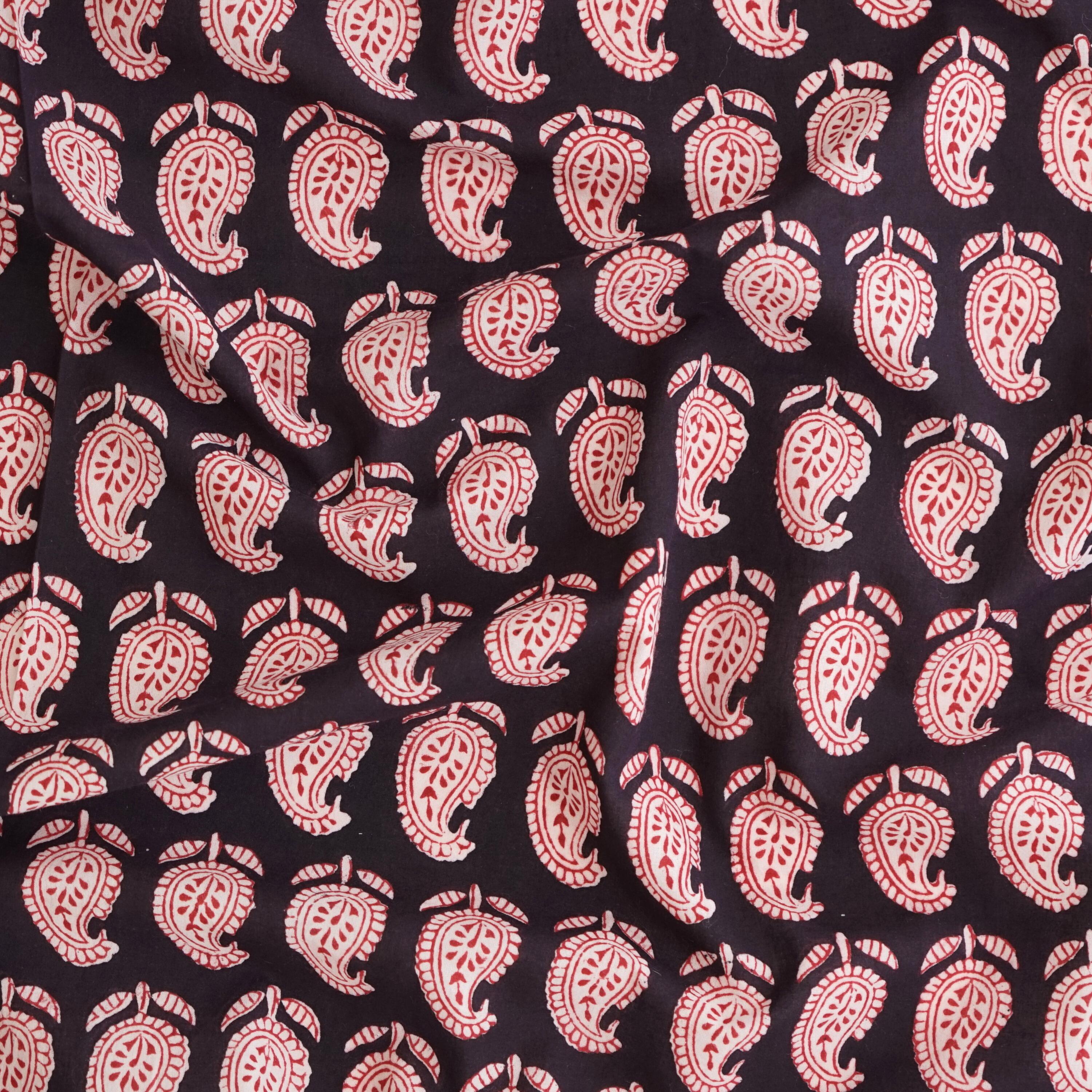 100% Block-Printed Cotton Fabric From India - Cactus Design - Iron Rust Black & Alizarin Red Dyes - Contrast