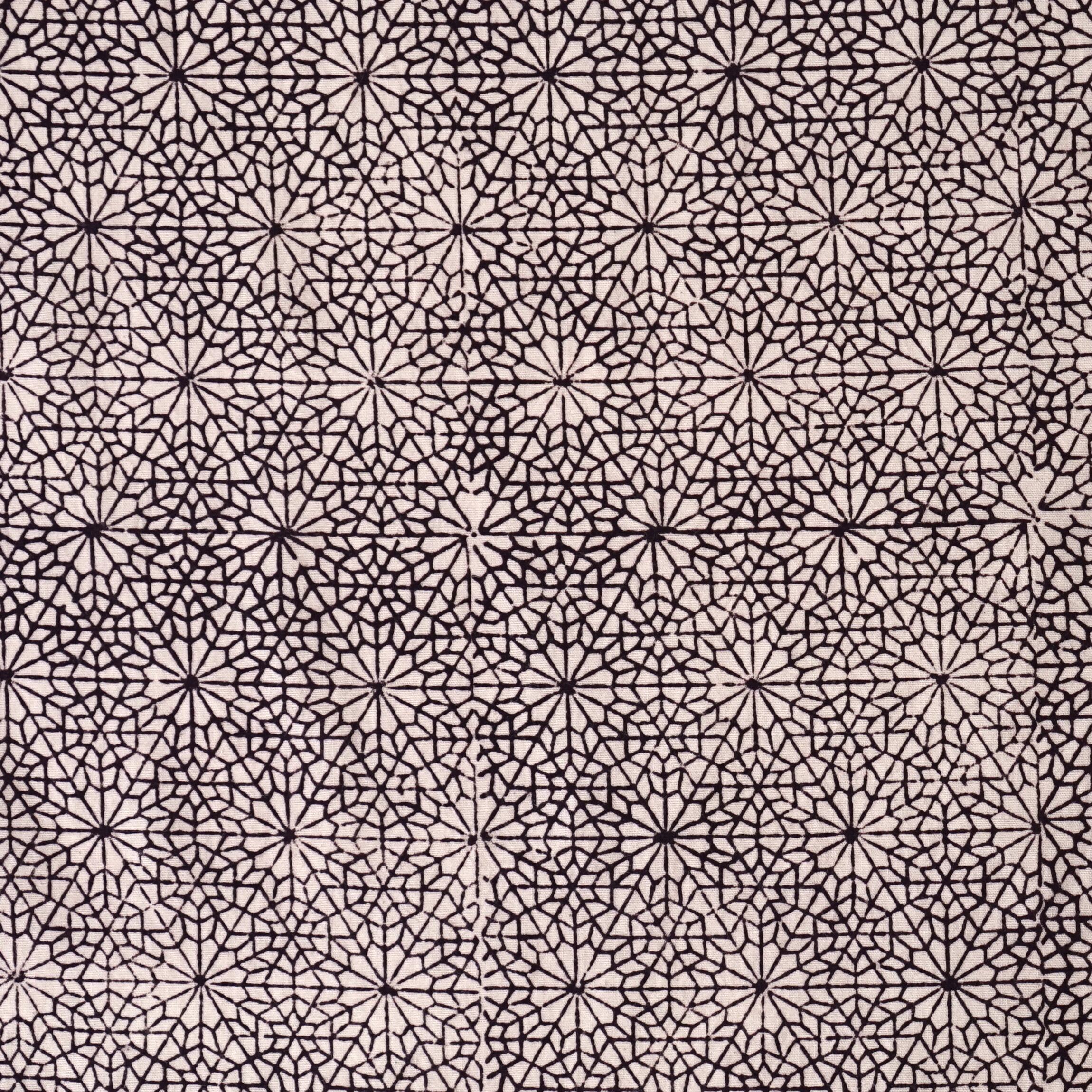 100% Block-Printed Cotton Fabric From India - Bagh Printing Method - Black 6 Degrees Design - Flat