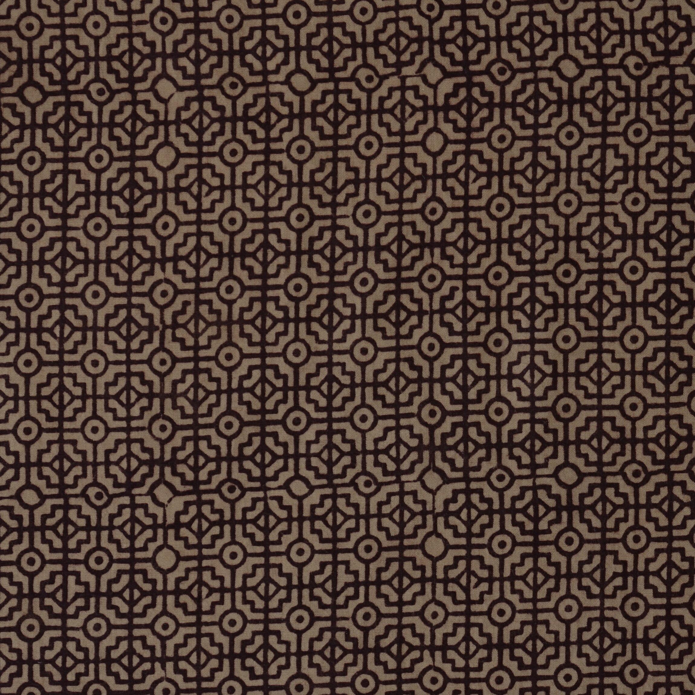 100% Block-Printed Cotton Fabric From India - Bagh Method - Iron Rust Black & Indigosol Khaki - Mystic Musings Print - Flat