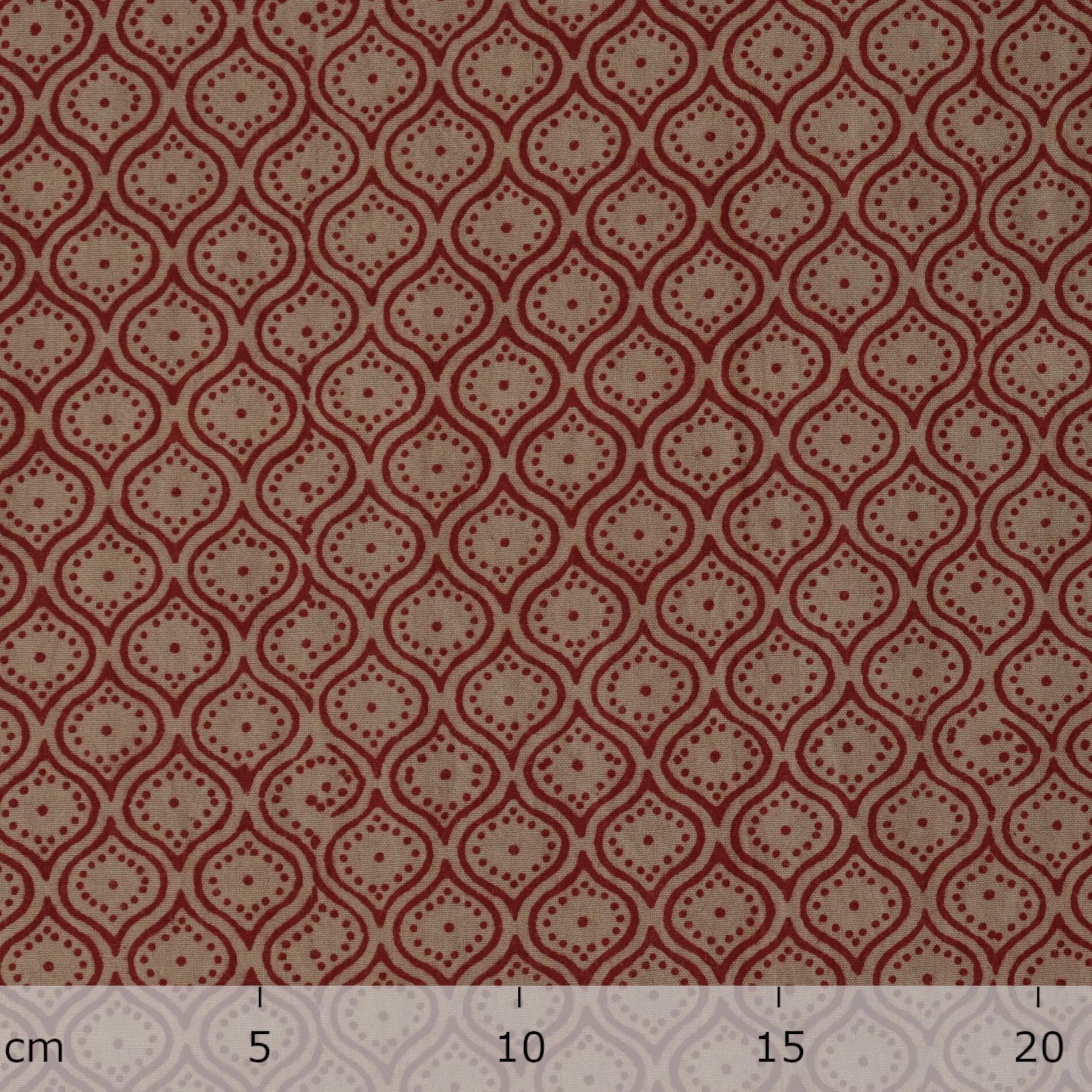 100% Block-Printed Cotton Fabric From India- Bagh - Alizarin Red & Indigosol Khaki - Moreish Dops Print - Ruler