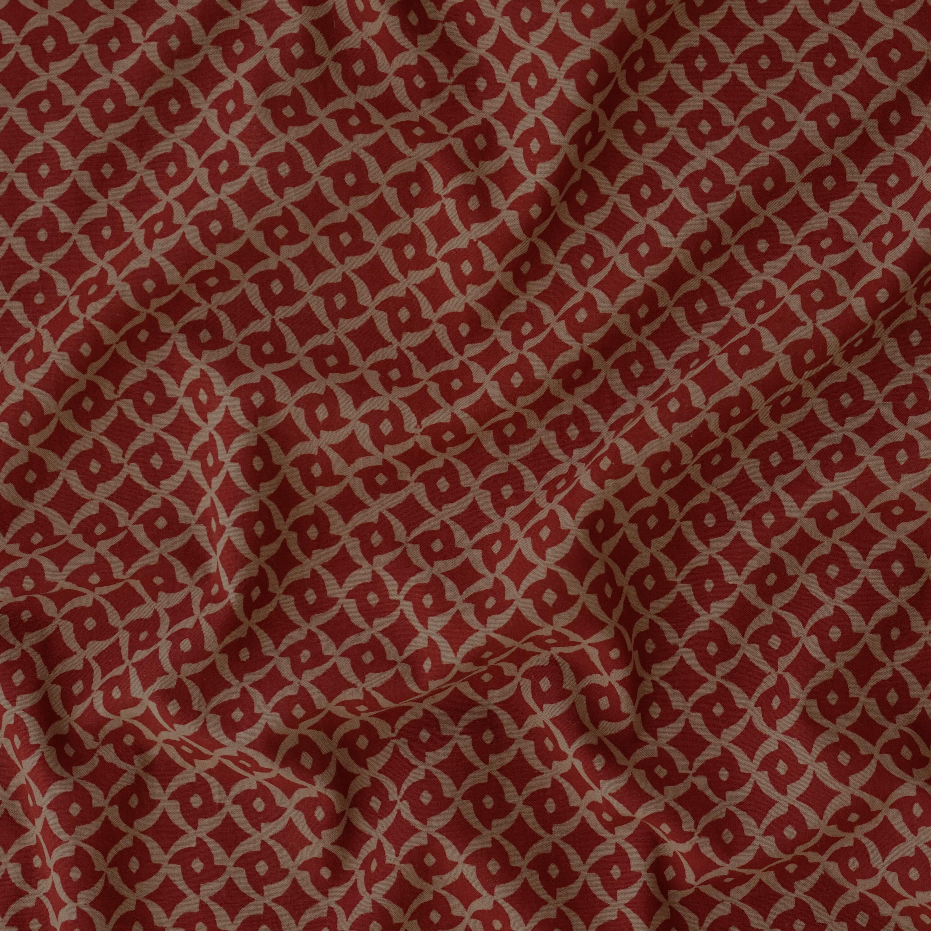 100% Block-Printed Cotton Fabric From India- Bagh - Alizarin Red & Indigosol Khaki - Wurfstern Origami Print - Contrast
