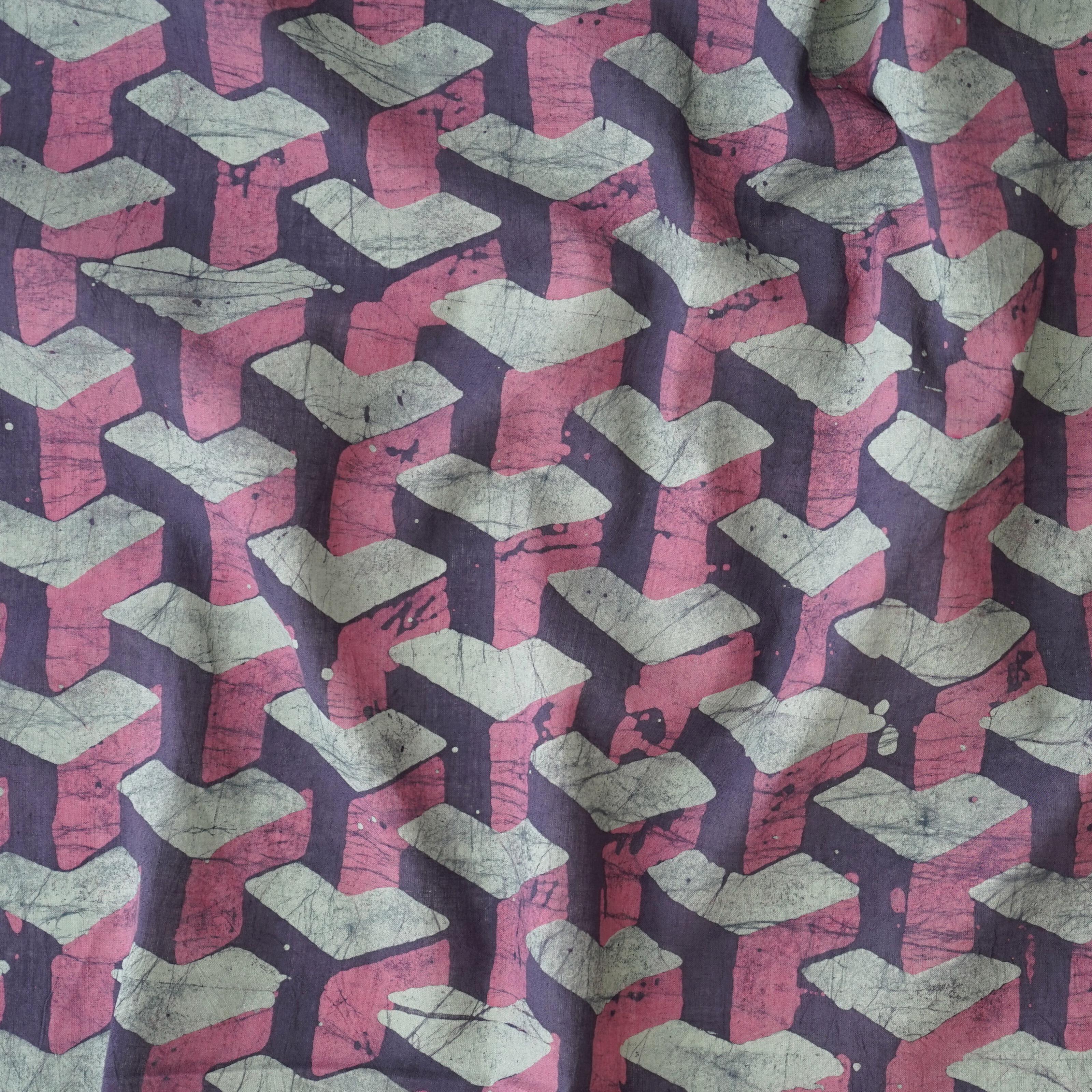 100% Block-Printed Batik Cotton Fabric From India - Walkway Motif - Contrast