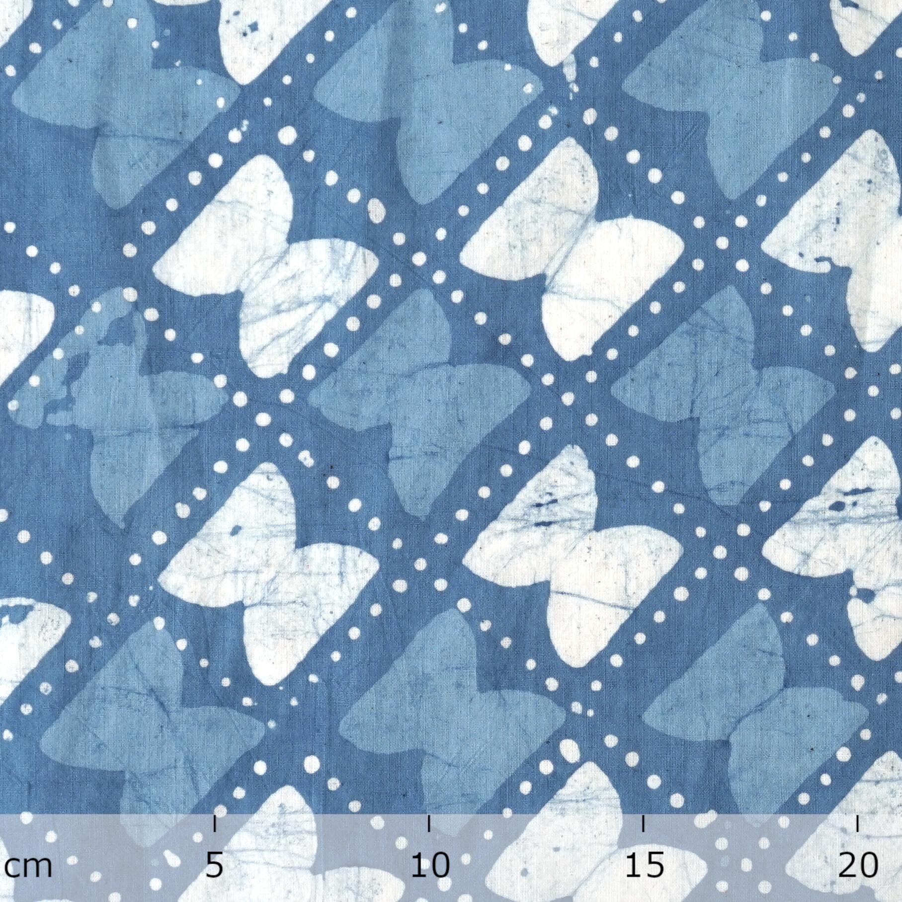 100% Block-Printed Batik Cotton Fabric From India - Blue Reactive Dye - Stamped & Sealed - Ruler