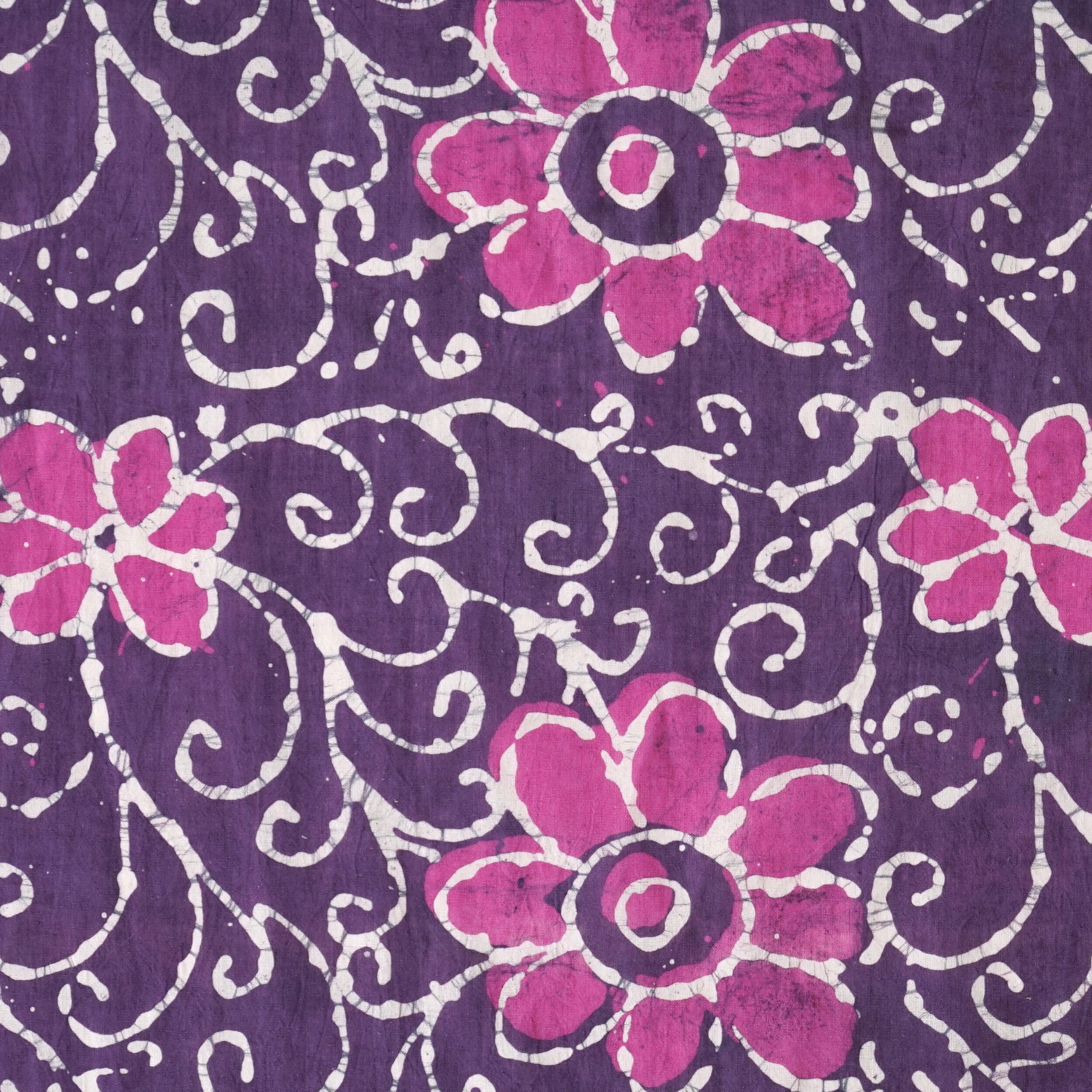 100% Block-Printed Batik Cotton Fabric From India - Flower Power Motif - Flat
