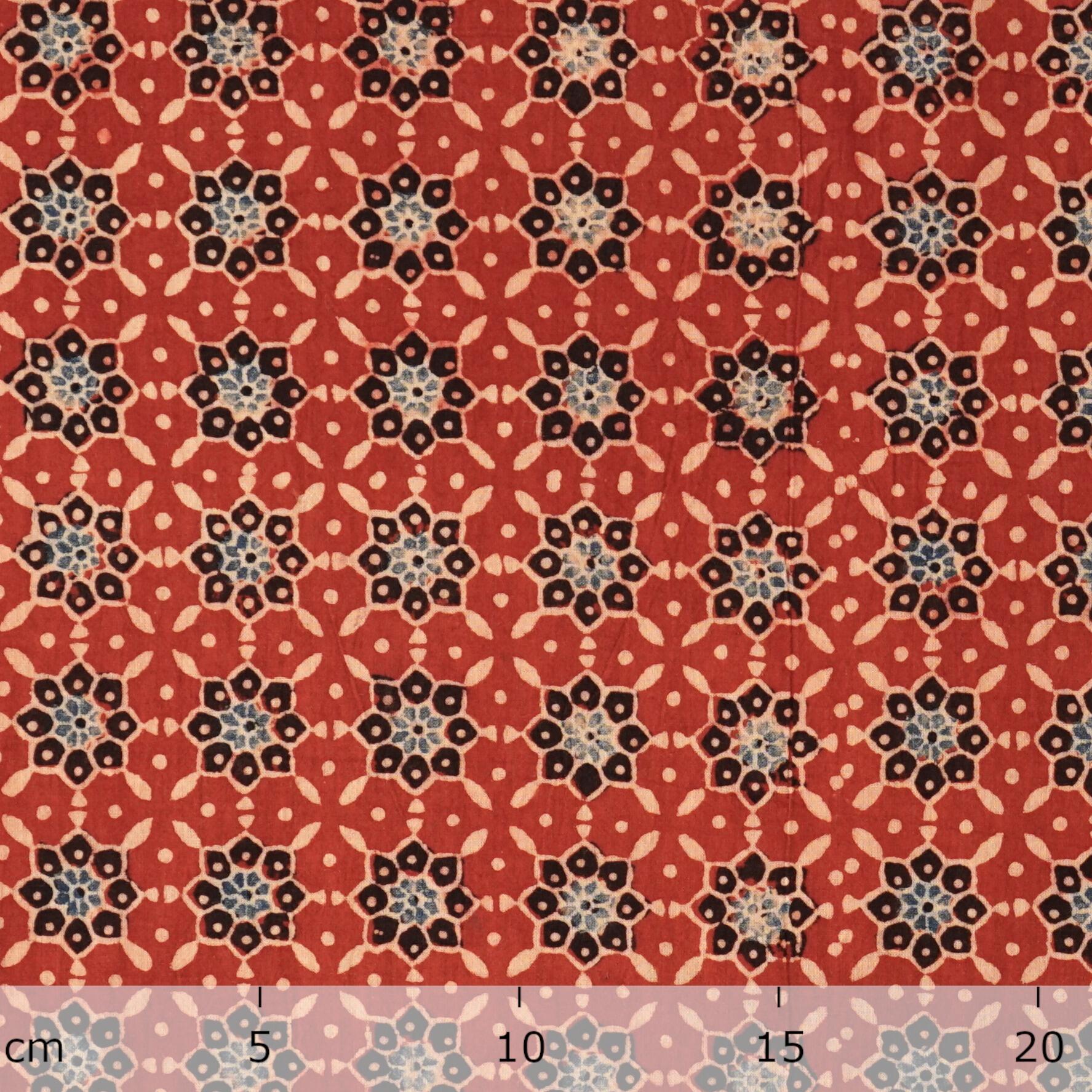 Ajrak Block-Printed Cotton - Starburst Print - Alizarin Red, Black, Indigo - Ruler