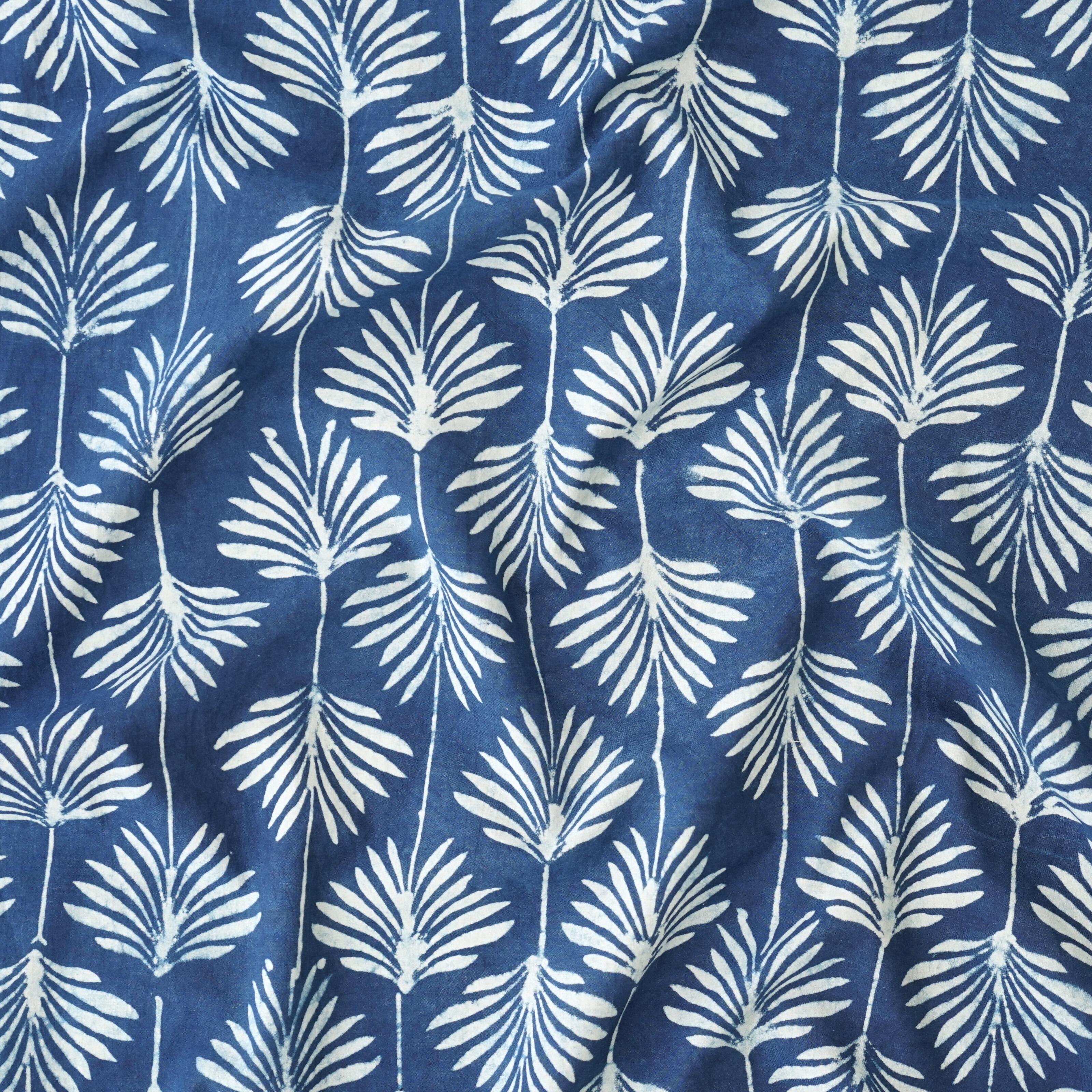 SIK15 - Indian Woodblock-Printed Cotton Fabric - Palm Leaf Design - Indigo Dye - Contrast