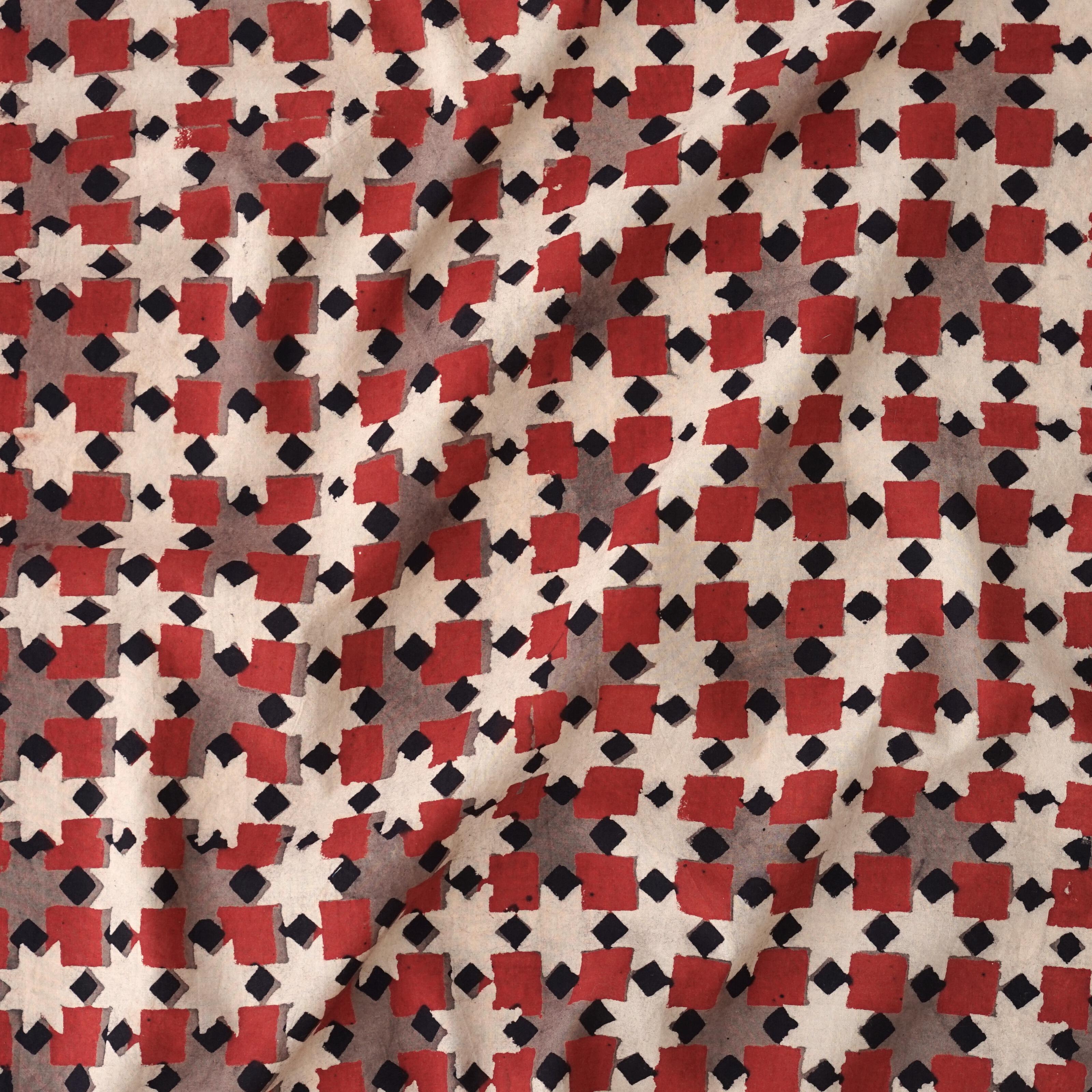 Block Printed Fabric, 100% Cotton, Ajrak Design: Pink Base, Black, Madder Root Red, Purple Square. Contrast