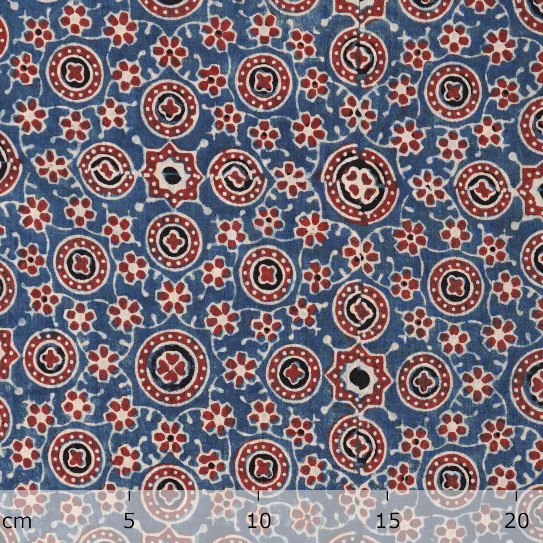 SIK31 - Indian Block-Printed Cotton - Carnival Design - Indigo, Red & Black Dye - Ruler