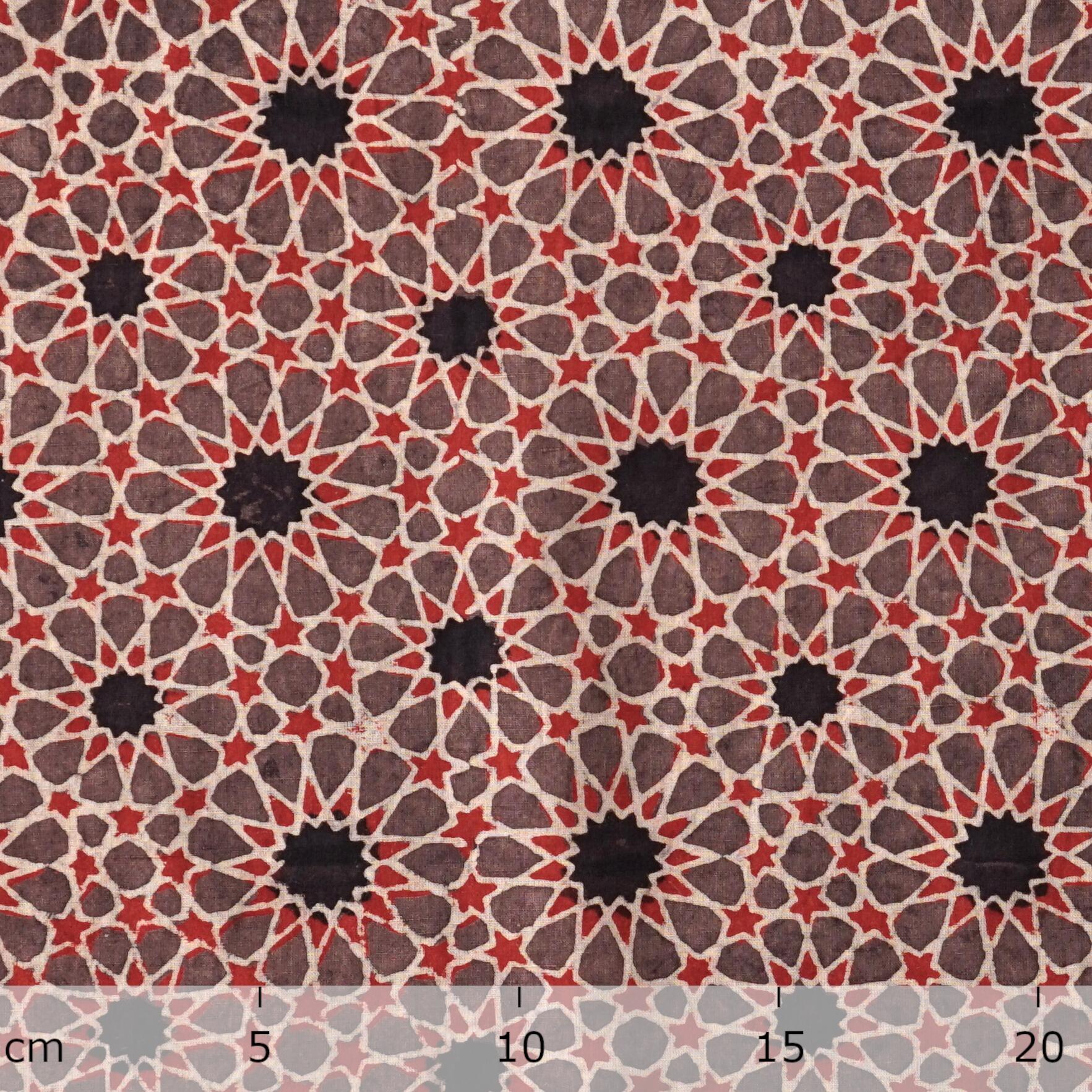SIK12 - Block-Printed Cotton Fabric From India - Fireworks Motif - Black Iron and Red Alizarin Dye - Ruler