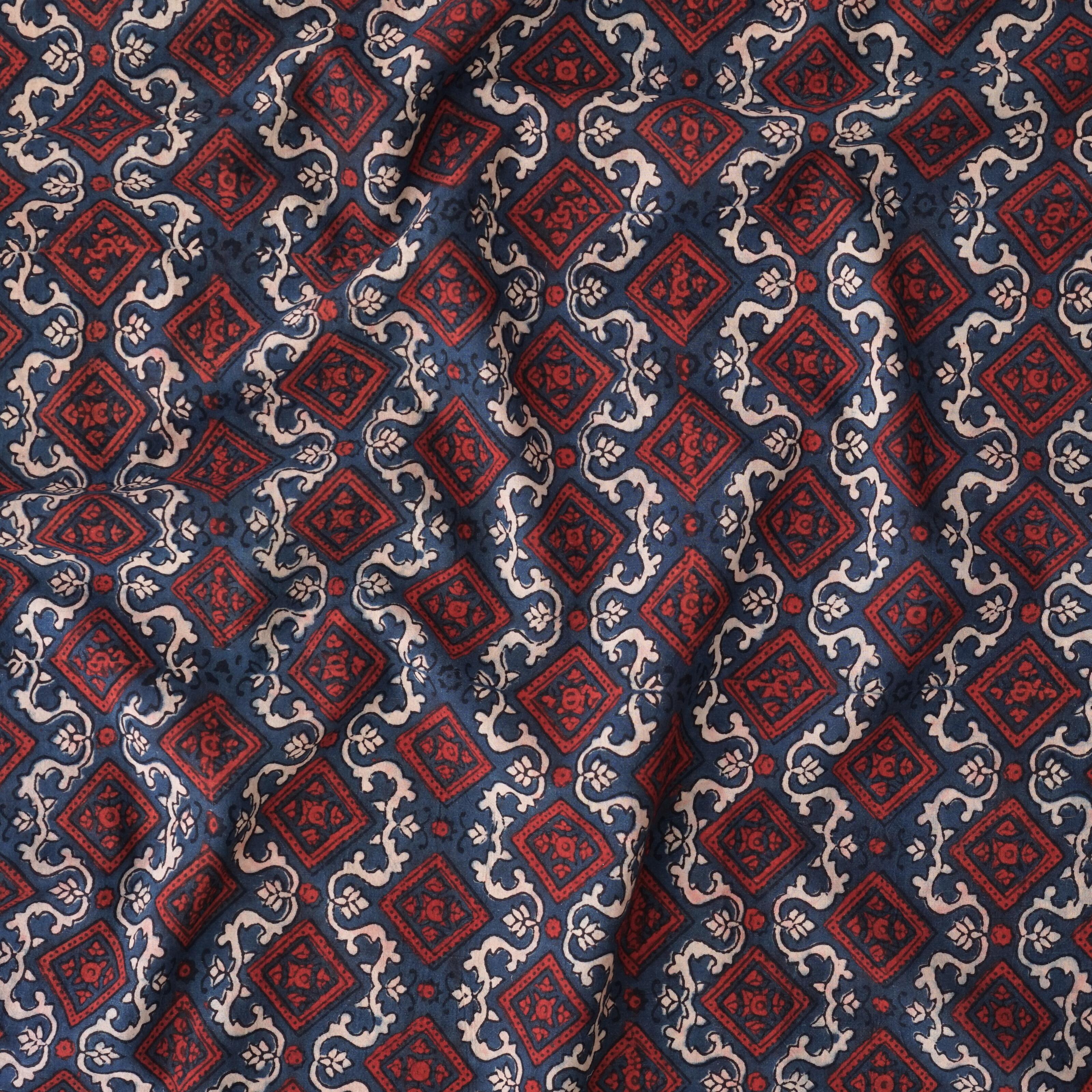 Block Printed Fabric, 100% Cotton, Ajrak Design: Blue Base, White Vine, Red Square. Contrast