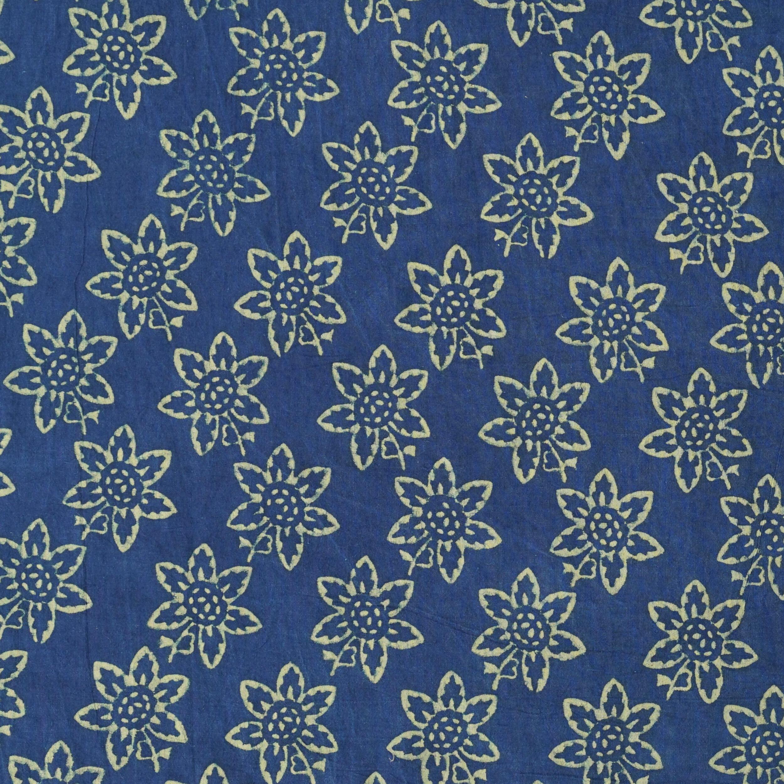 2 - AHM55 - Block-Printed Fabric - Flower Print - Indigo Blue & Tamarisk Yellow - Flat