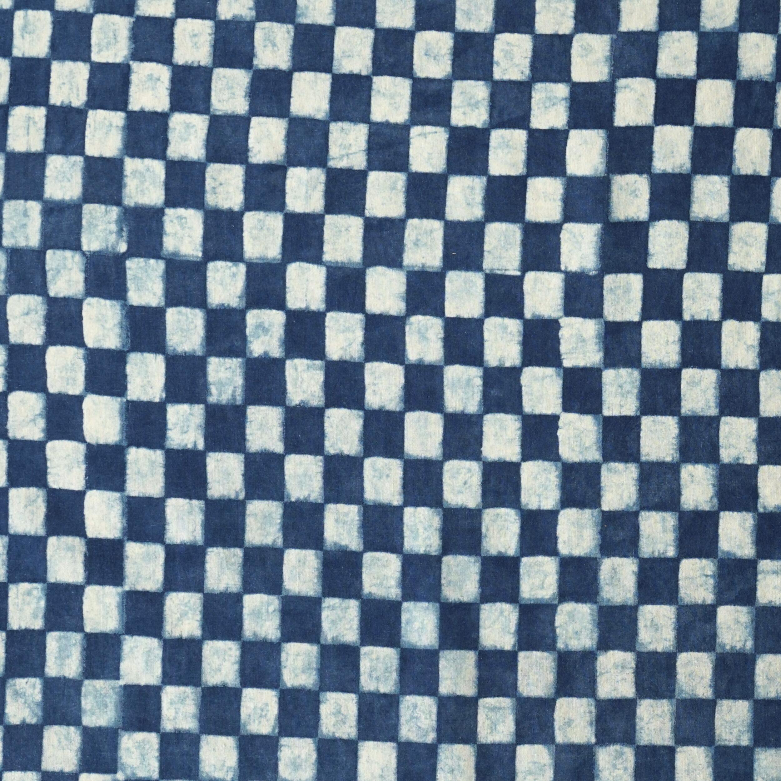 Block-Printed Cotton - Checkers Print - Indigo Dyed - Flat