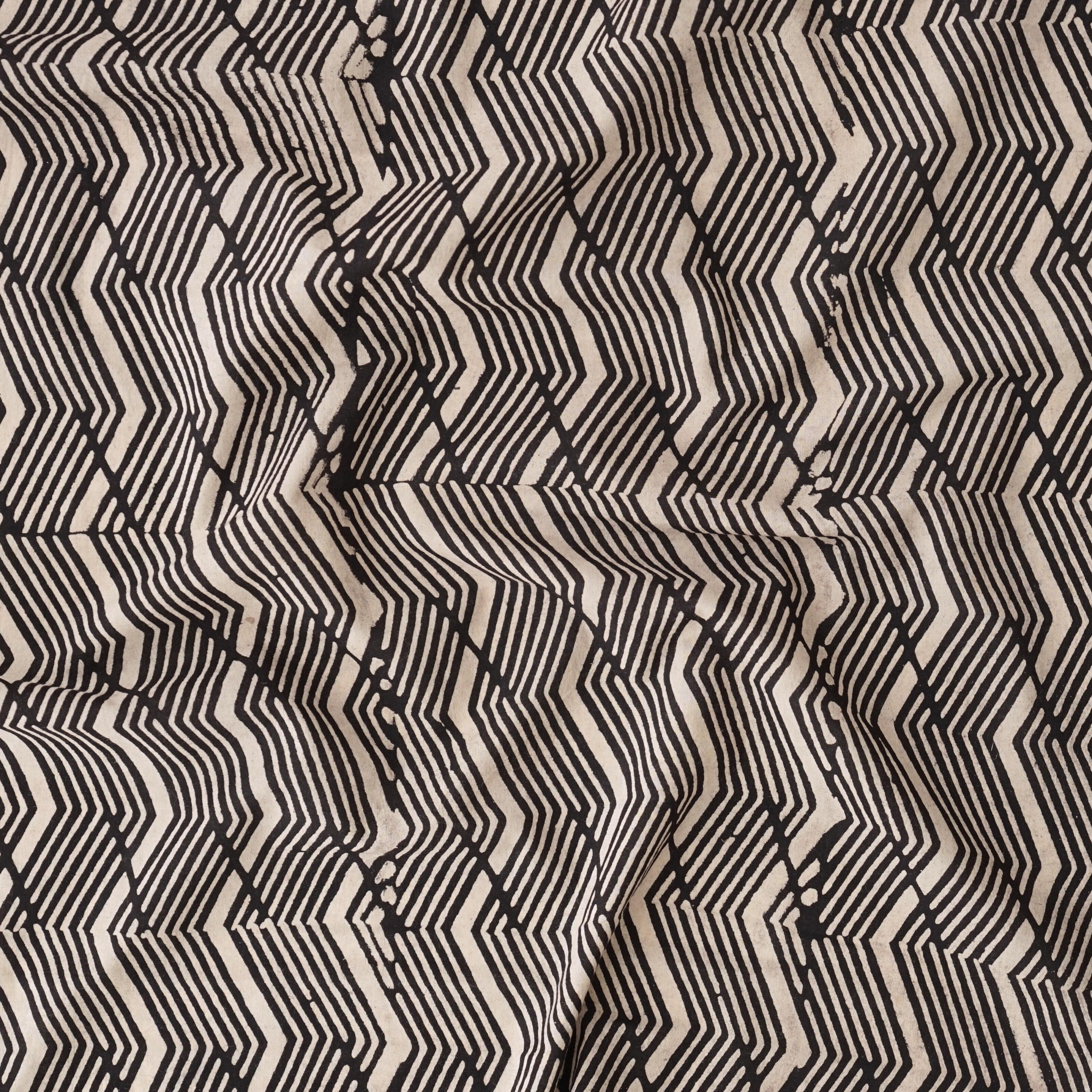 SIK19 - Woodblock-Printed Cotton Textile - Art Deco Wave Design - Black Iron Dye - Contrast