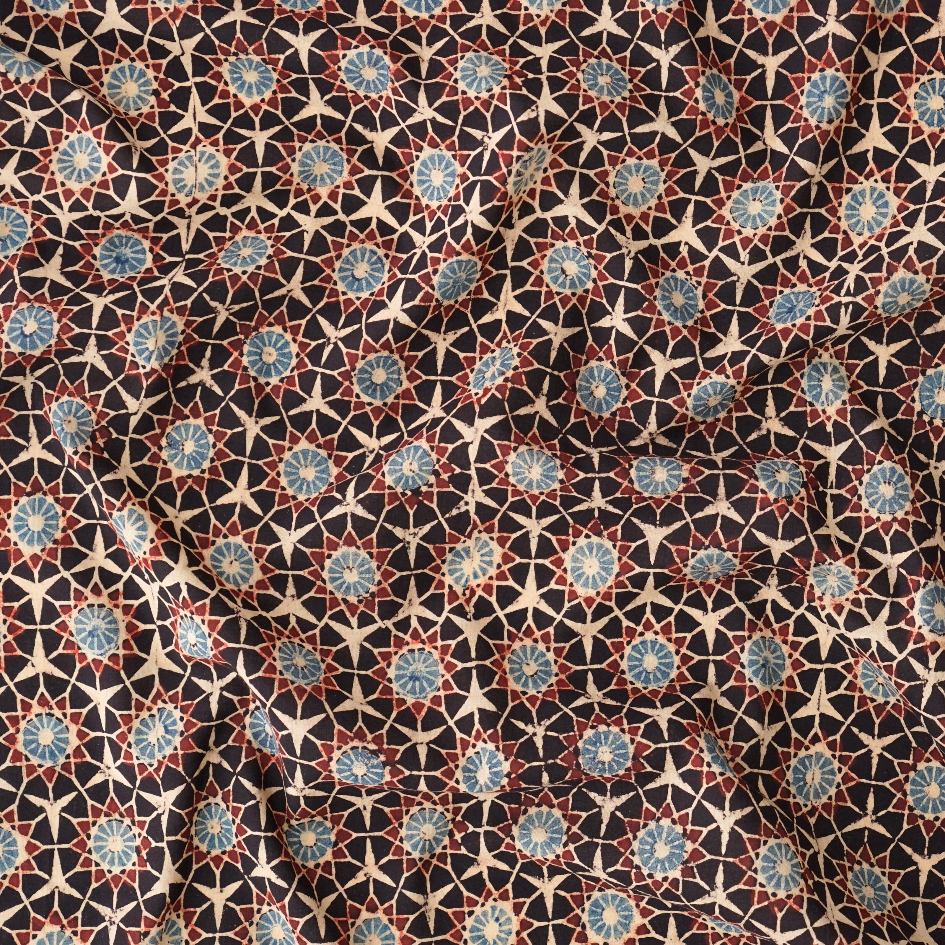 Block Printed Fabric, 100% Cotton, Ajrak Design: Black Base, Madder Root Red, Blue, Cream Burst. Contrast