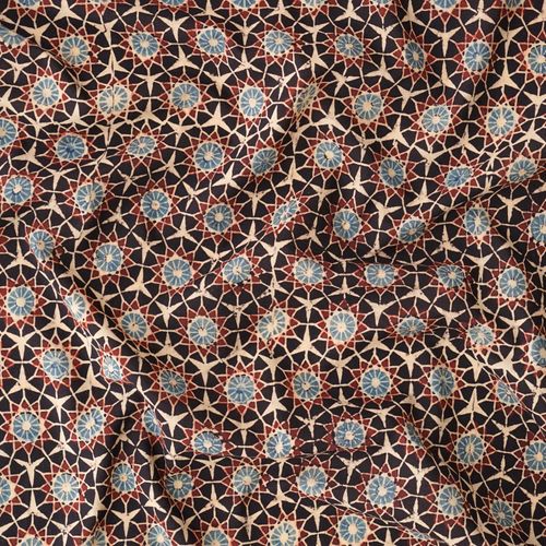 Block Printed Fabric, 100% Cotton, Ajrak Design: Black Base, Madder Root Red, Blue, Cream Burst. Contrast