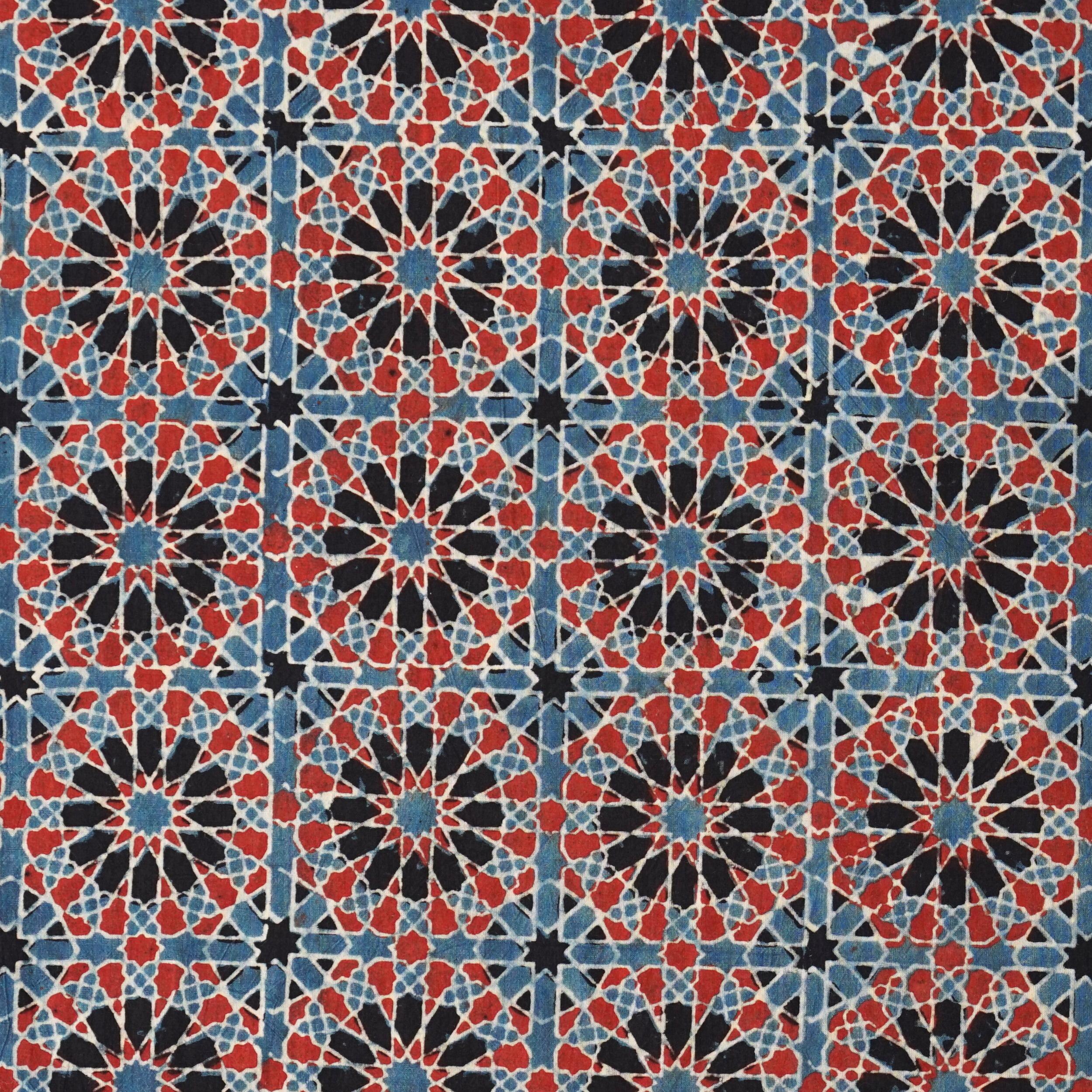 SIK09 - Indian Block Printed Cotton Fabric - Ajrak - Indigo, Alizarin Red, Iron Black, White Resist Web - Flat