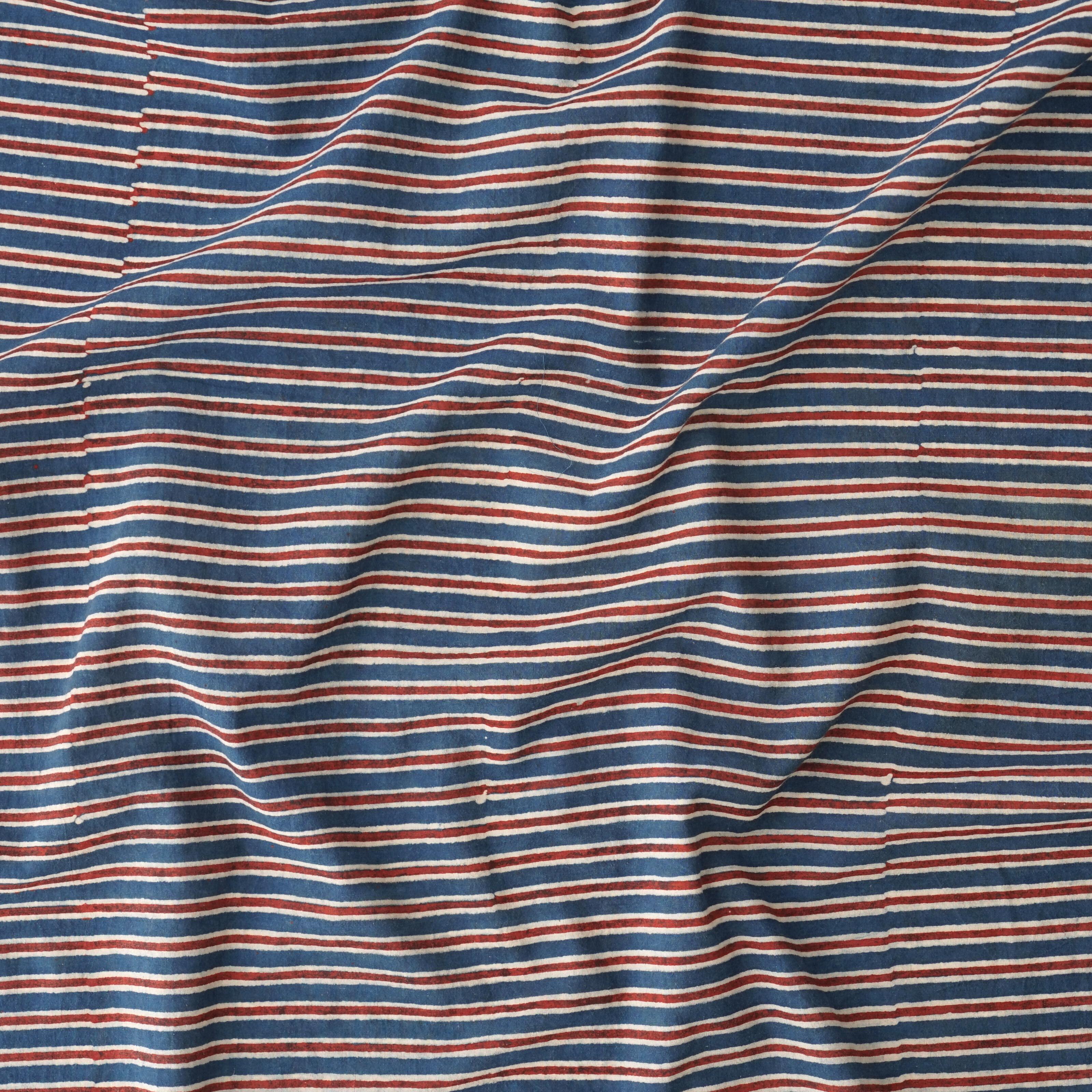2 - SIK57 - Hand Block-Printed Cotton - Lines Design - Red Alizarin, Indigo Blue, Black Dyes - Contrast