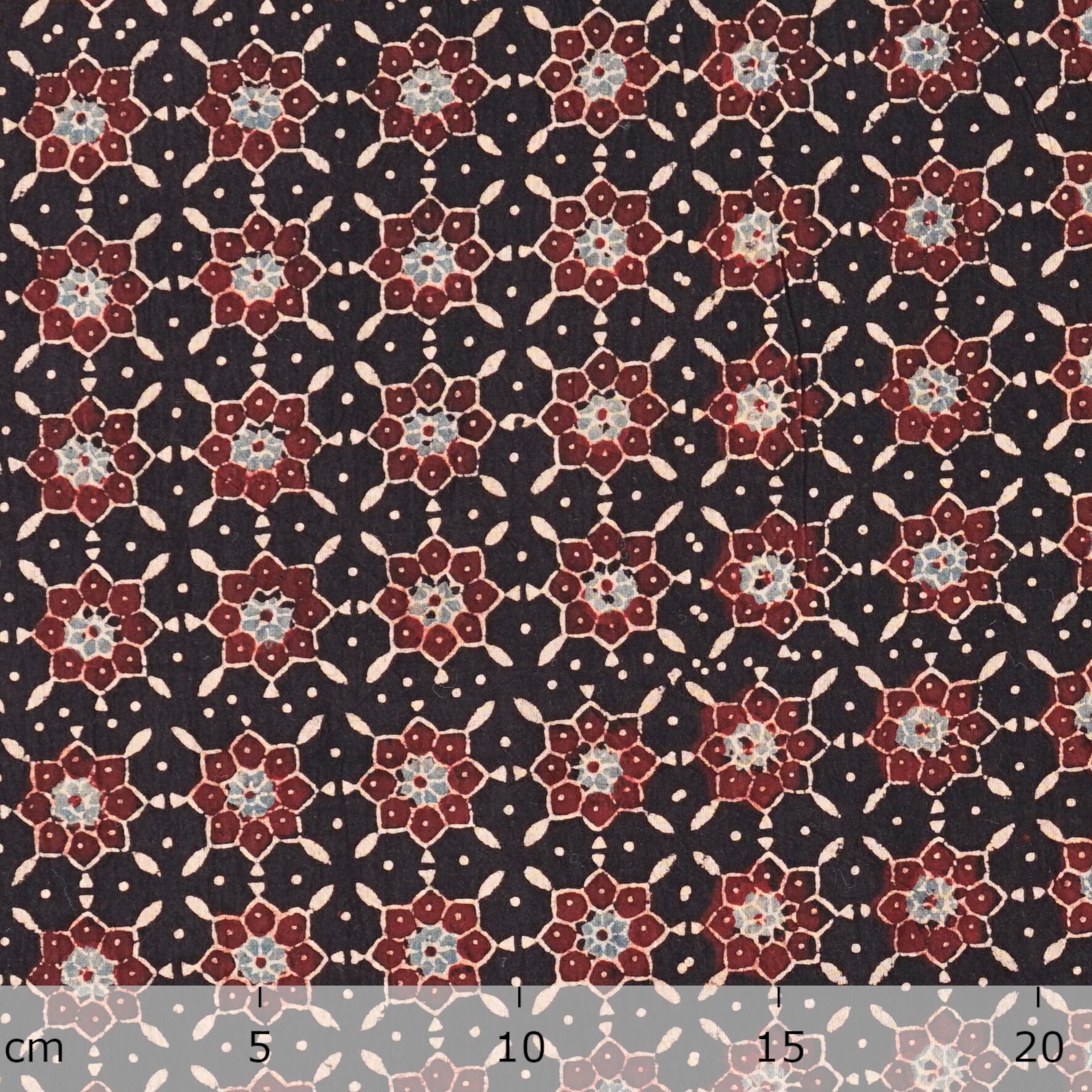Ajrak Block-Printed Cotton - Starburst Print - Iron Black, Alizarin Red, Indigo - Ruler