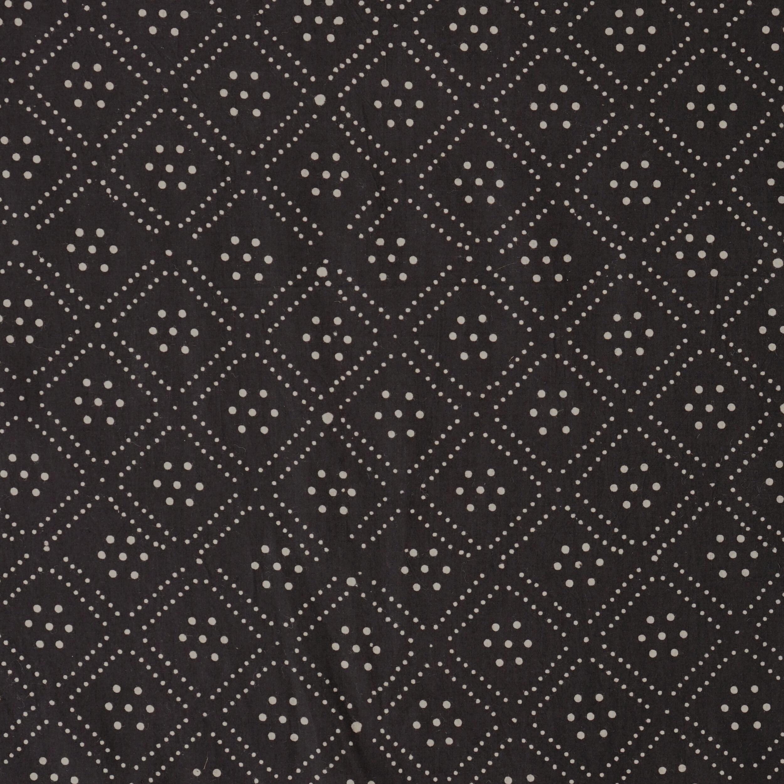 AHM24 - Block Printed Fabric, 100% Cotton, Ajrak Design / Black Diamond Dots. Flat