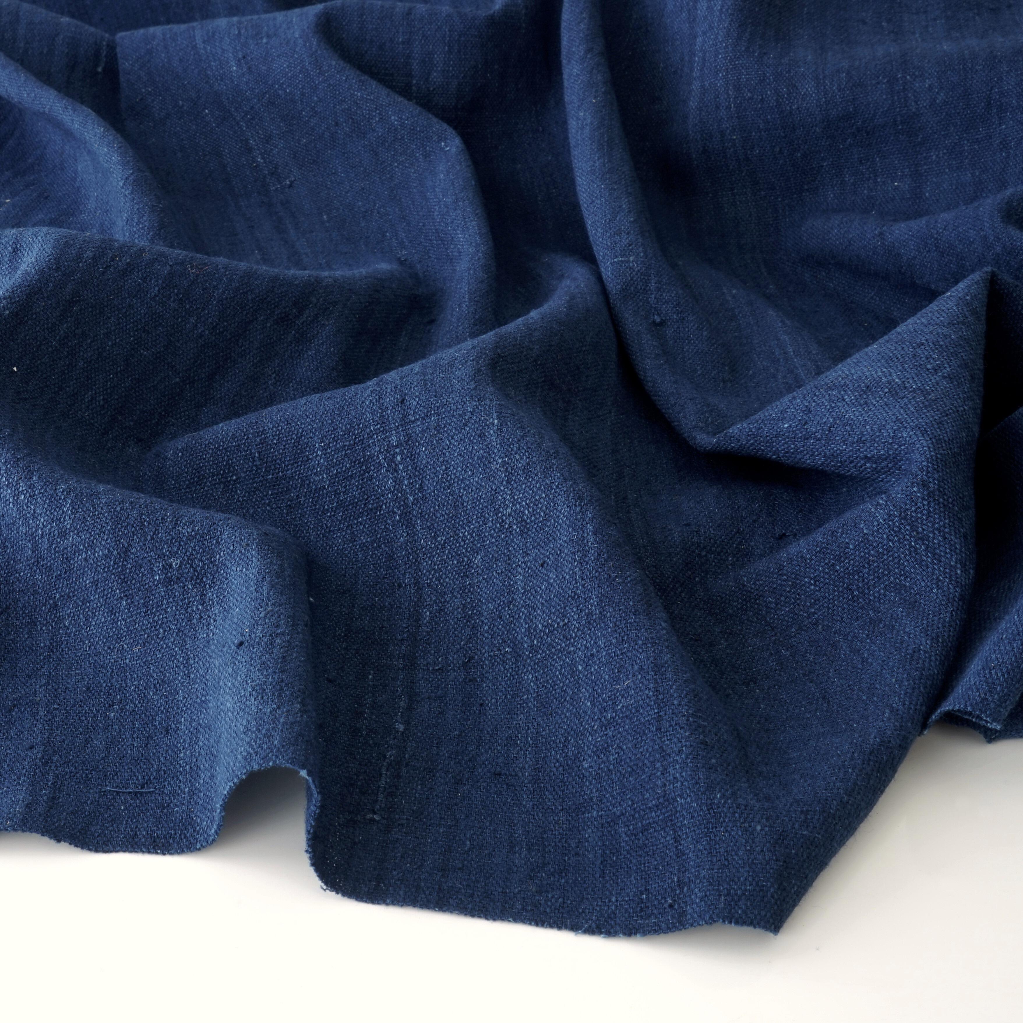 RAM05 - Handloom-Woven Fabric - Organic Cotton Cloth - 100% Natural Indigo Dye - Yarn-Dyed - Dark Shade - Irregular Basket Weave - Contrast