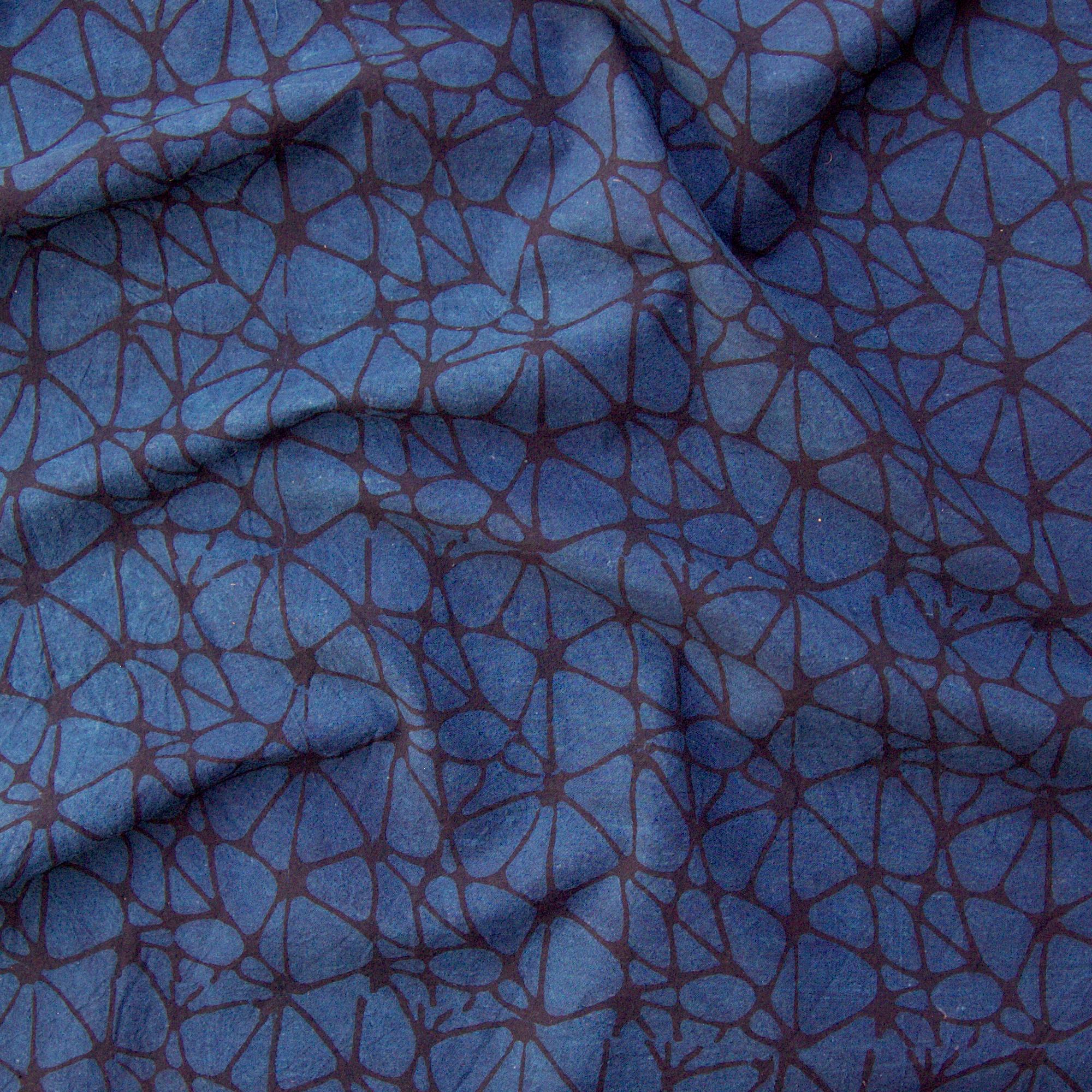 100% Block-Printed Cotton Fabric From India- Ajrak - Indigo Black Constellation Print - Contrast