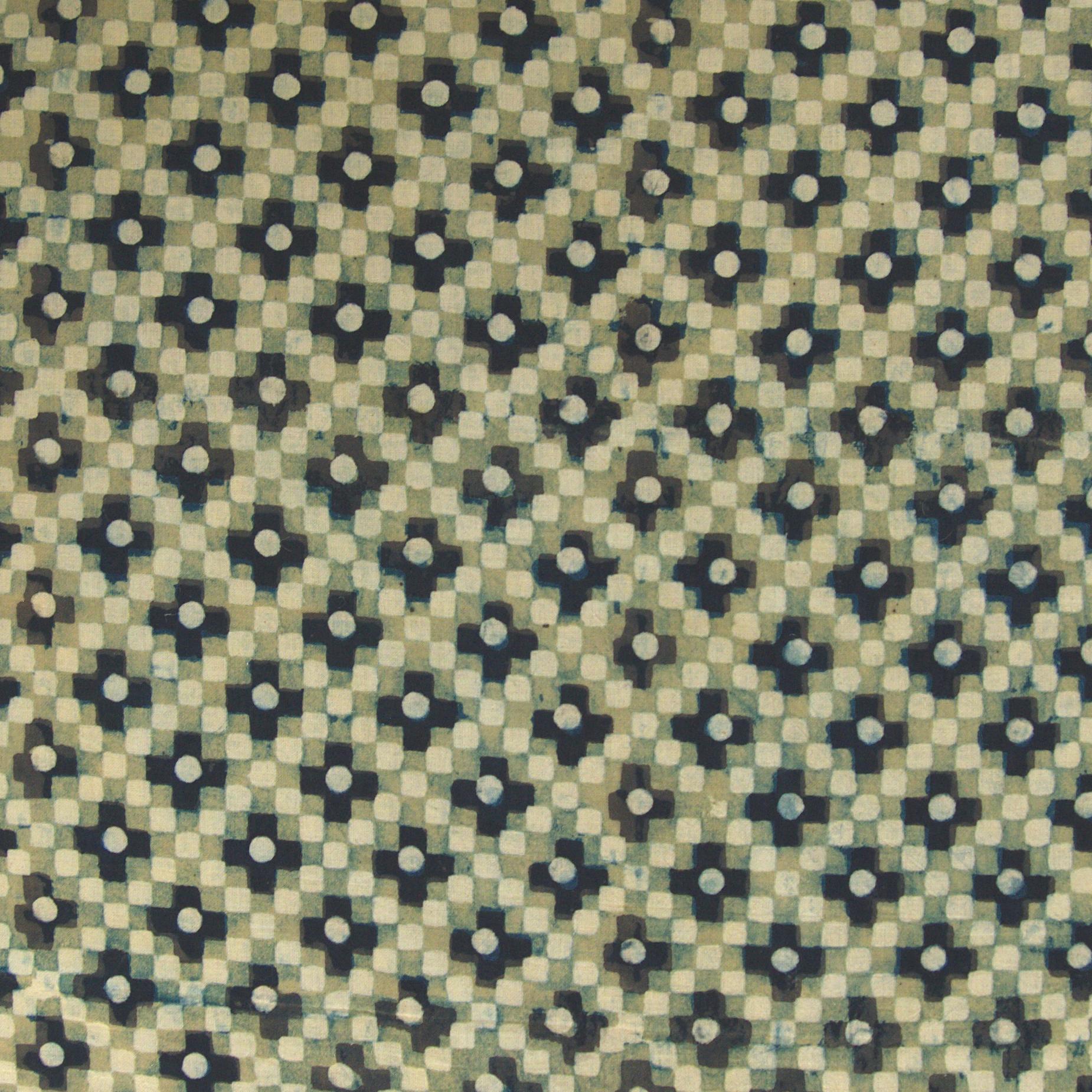 Block Printed Fabric, 100% Cotton, Ajrak Design: Turquoise Base, Blue, Lime Square. Close Up