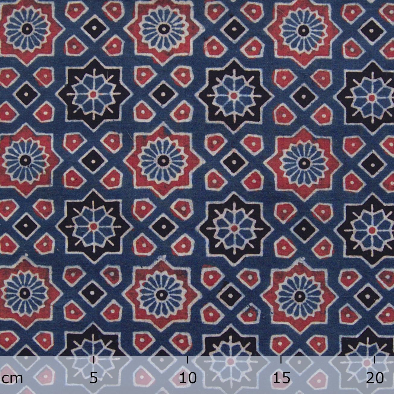 Block Printed Fabric, 100% Cotton, Ajrak Design: Blue Indigo Base, Madder Red, Iron Black Star. Ruler
