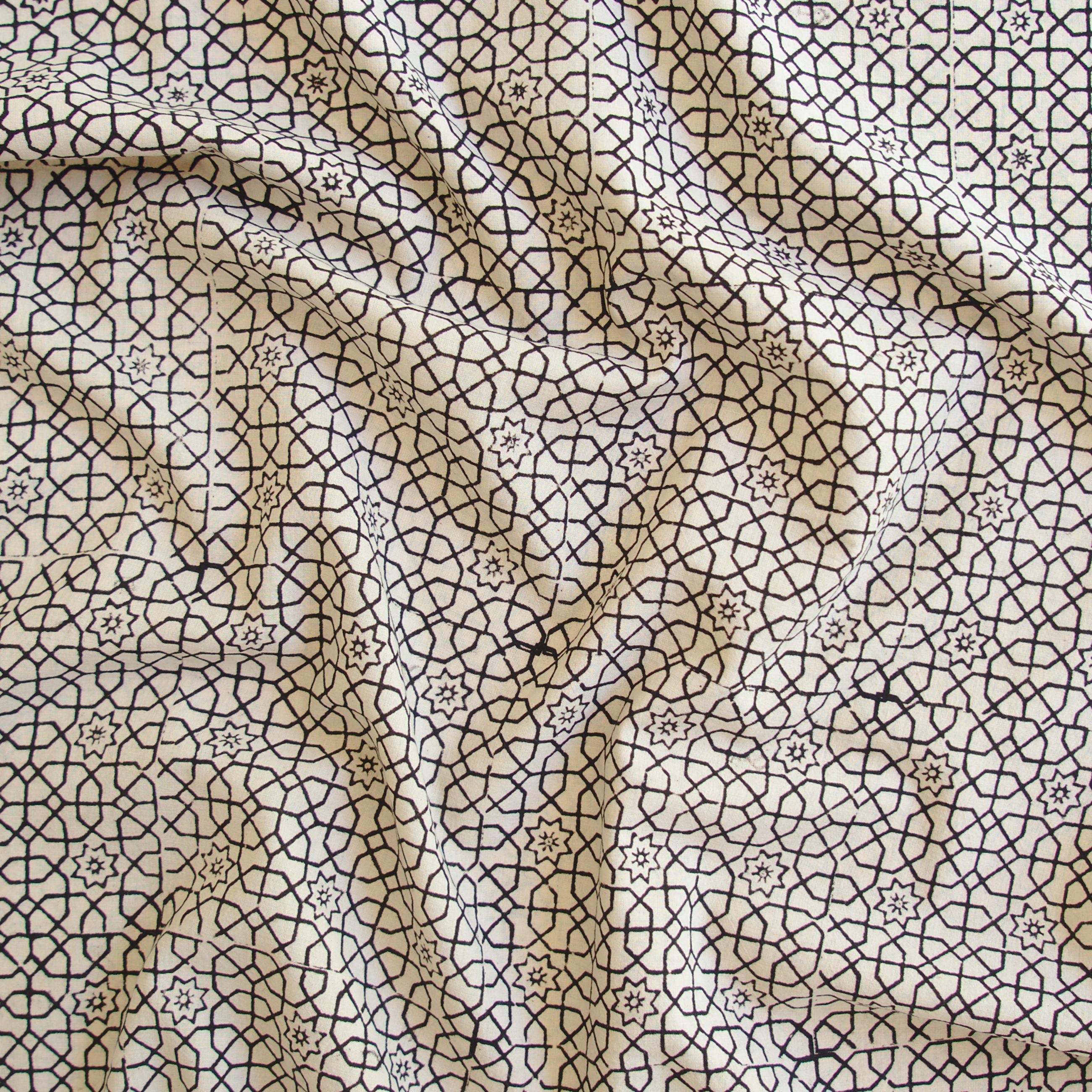 Block Printed Fabric, 100% Cotton, Ajrak Design: Beige Base, Iron Black Octagon. Contrast