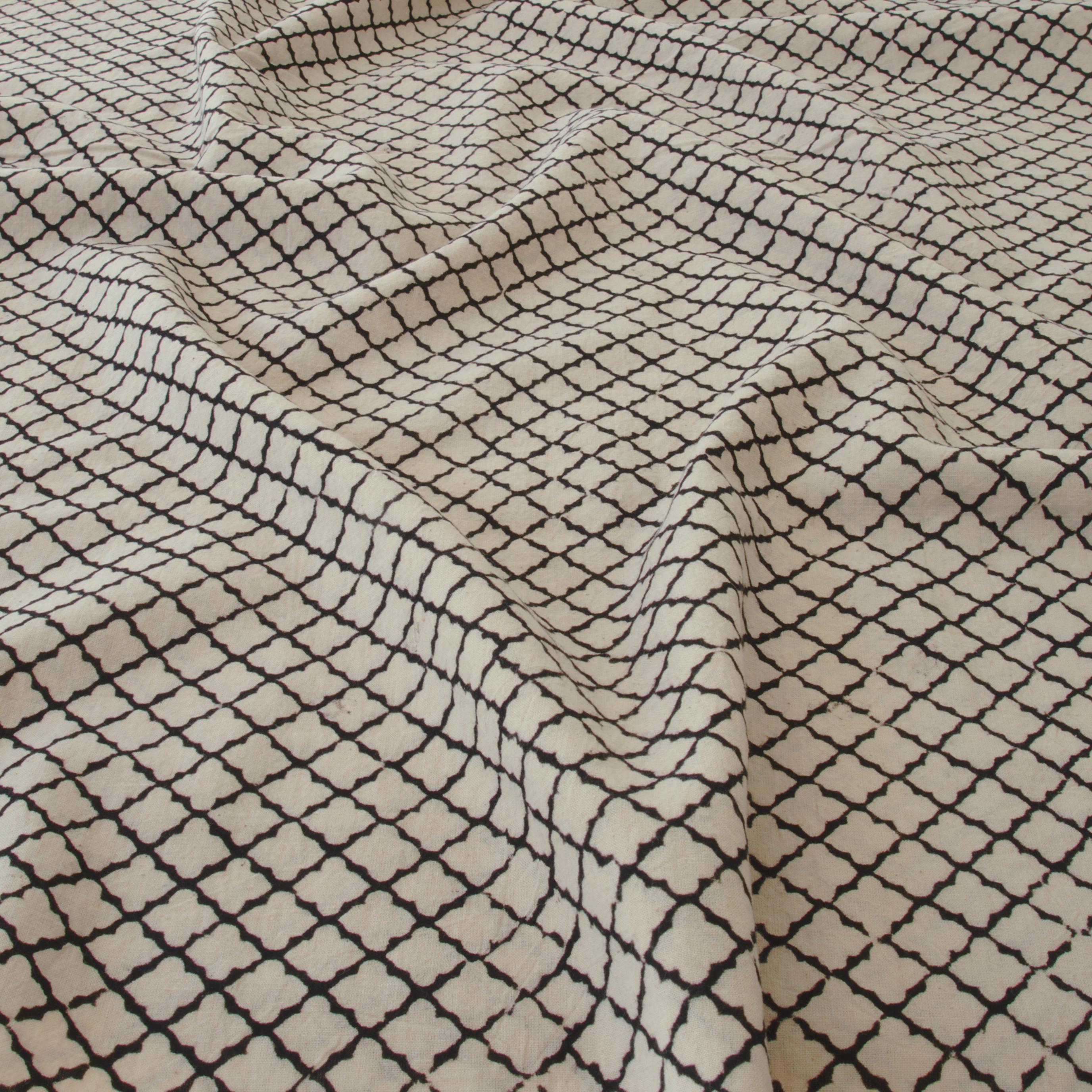 Block Printed Fabric, 100% Cotton, Ajrak Design: Beige Base, Iron Black Tumbling Block. Angle