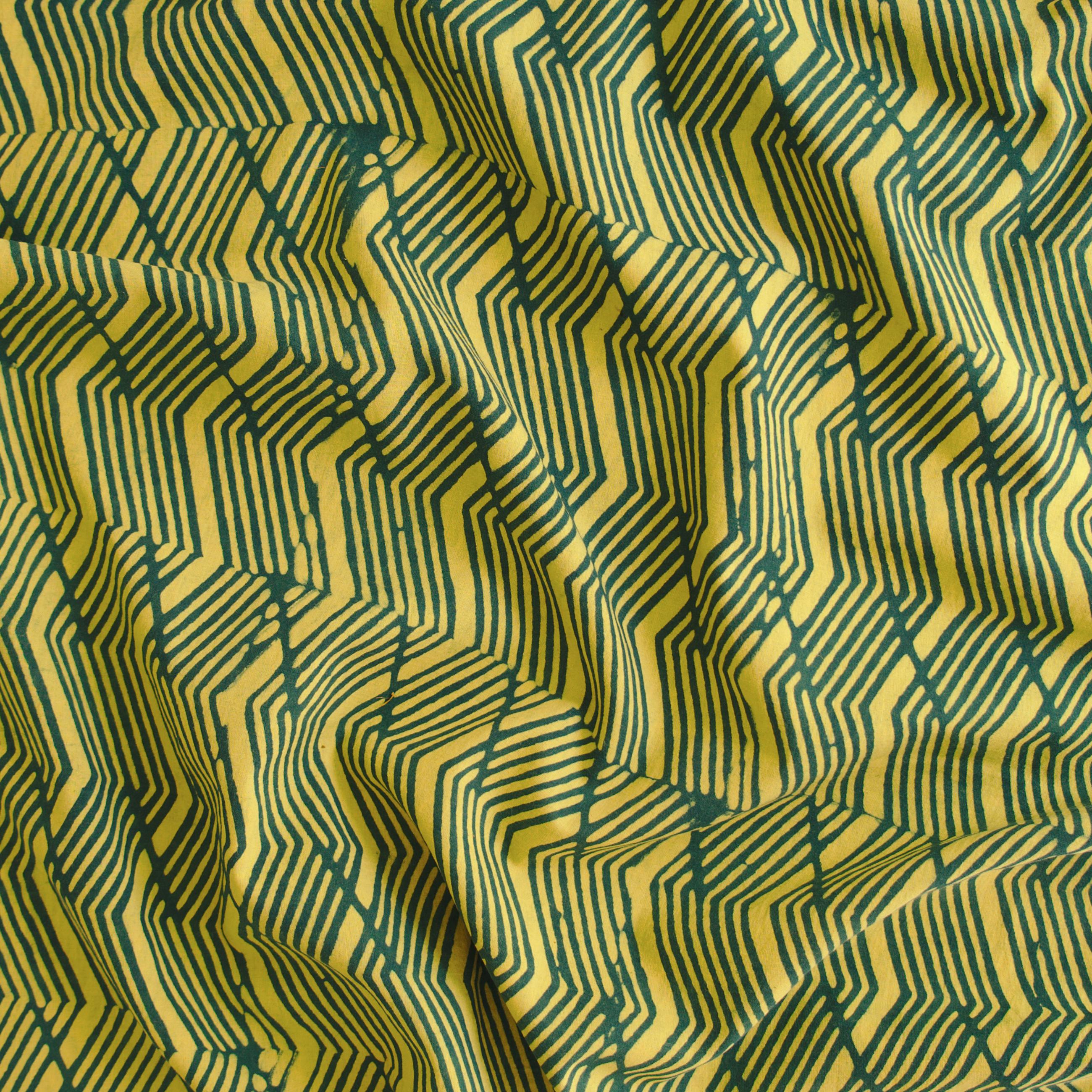 2 - SIK52 - Hand Block-Printed Cotton - Wabisabi Wave Design - Yellow & Green Dye - Contrast