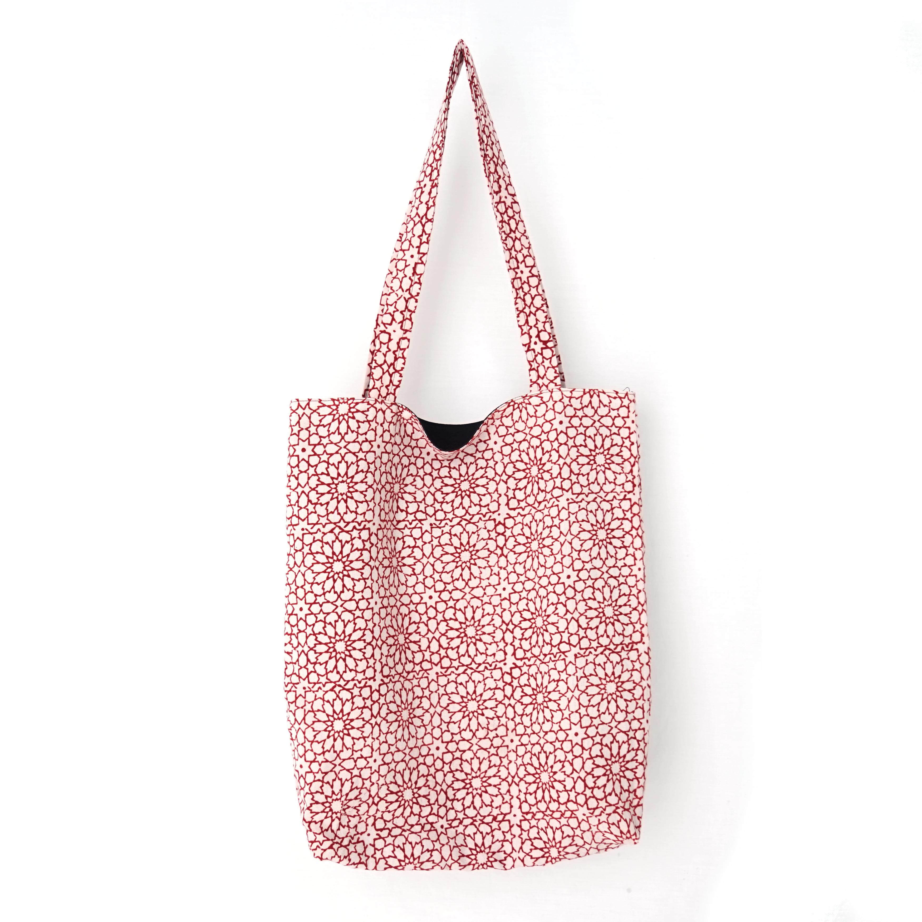 1 - TB014 - Block-Printed Tote Bag - Red Floral Print - Open