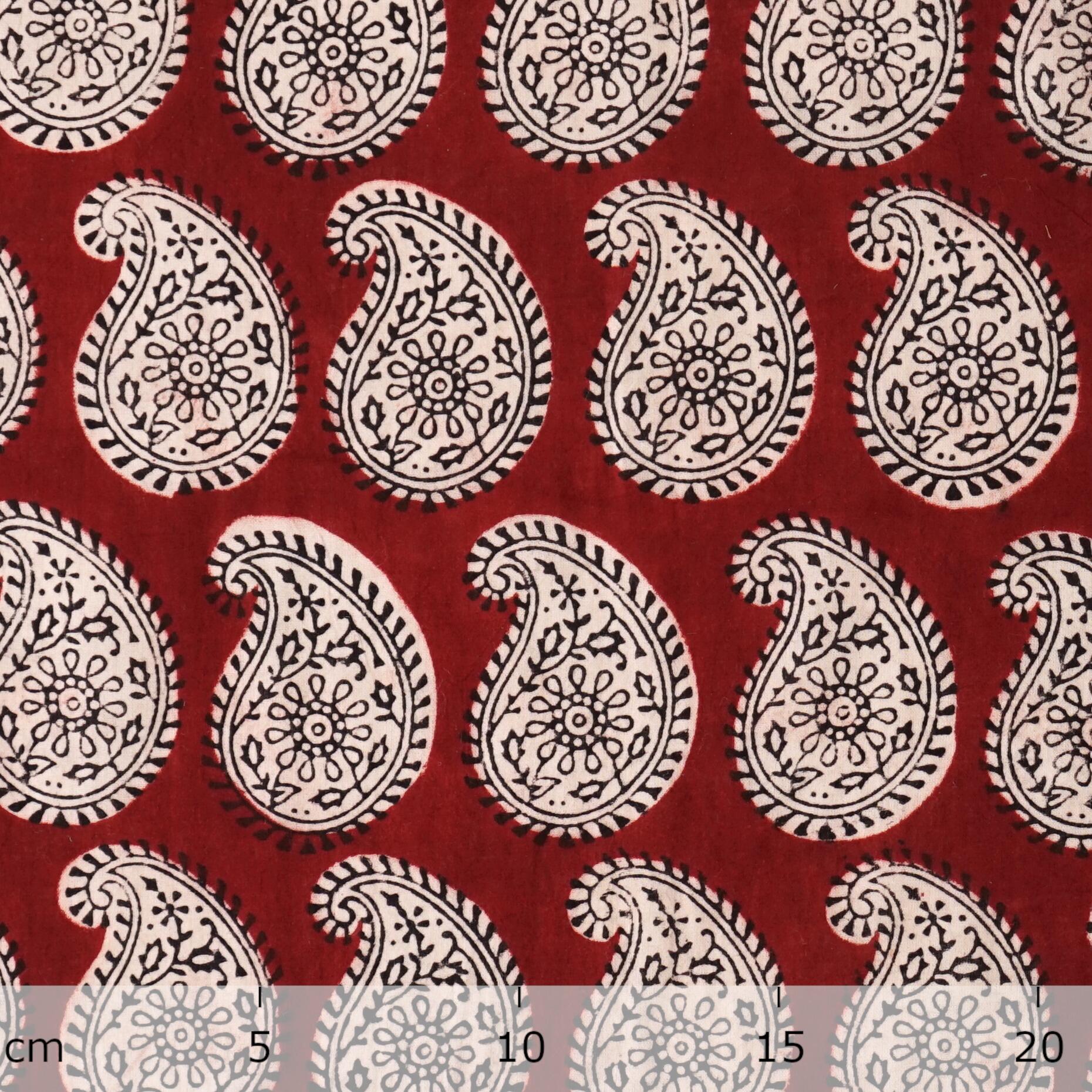 100% Block-Printed Cotton Fabric From India- Bagh - Alizarin Red Paisley Print - Ruler