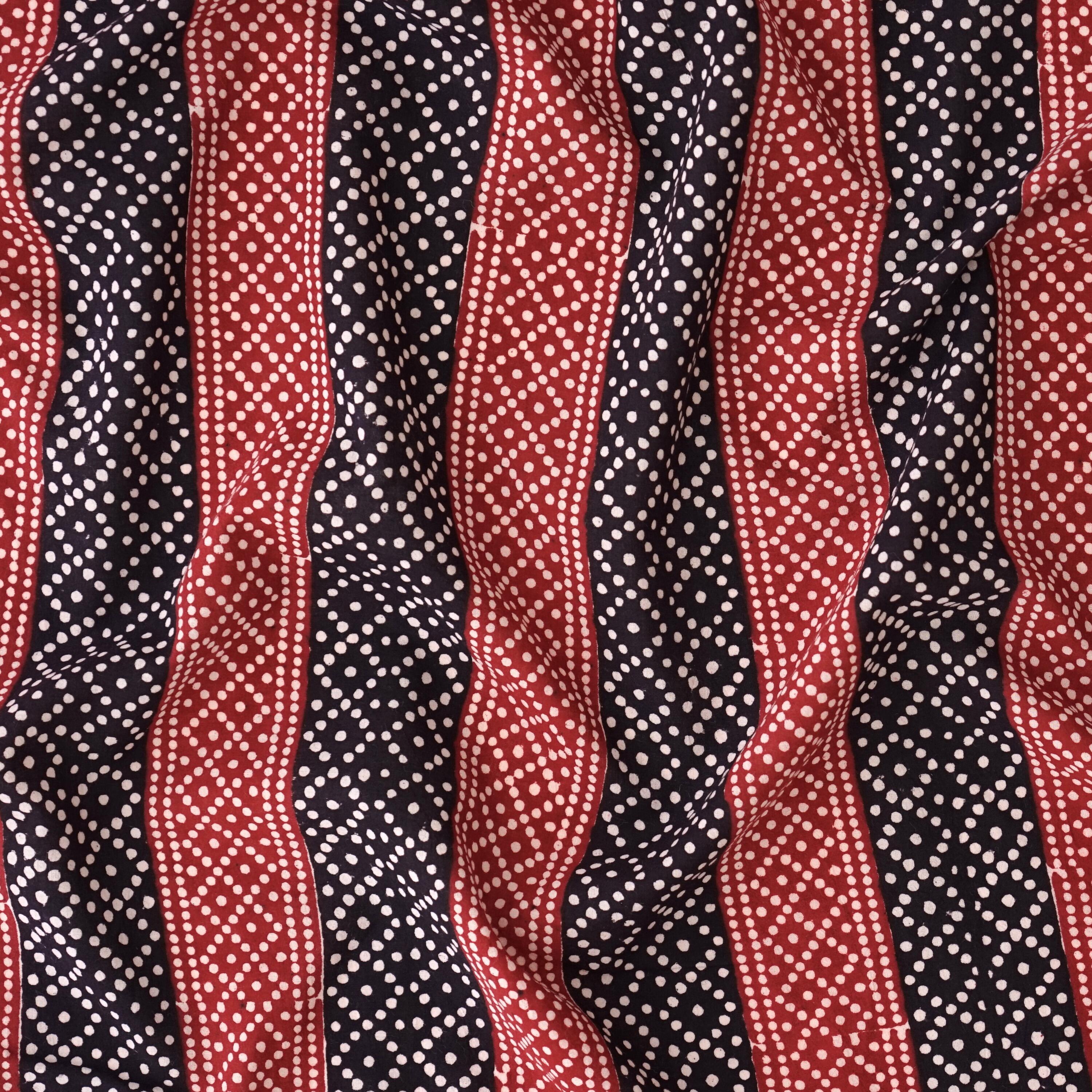100% Block-Printed Cotton Fabric From India - Pixels Design - Iron Rust Black & Alizarin Red Dyes - Contrast