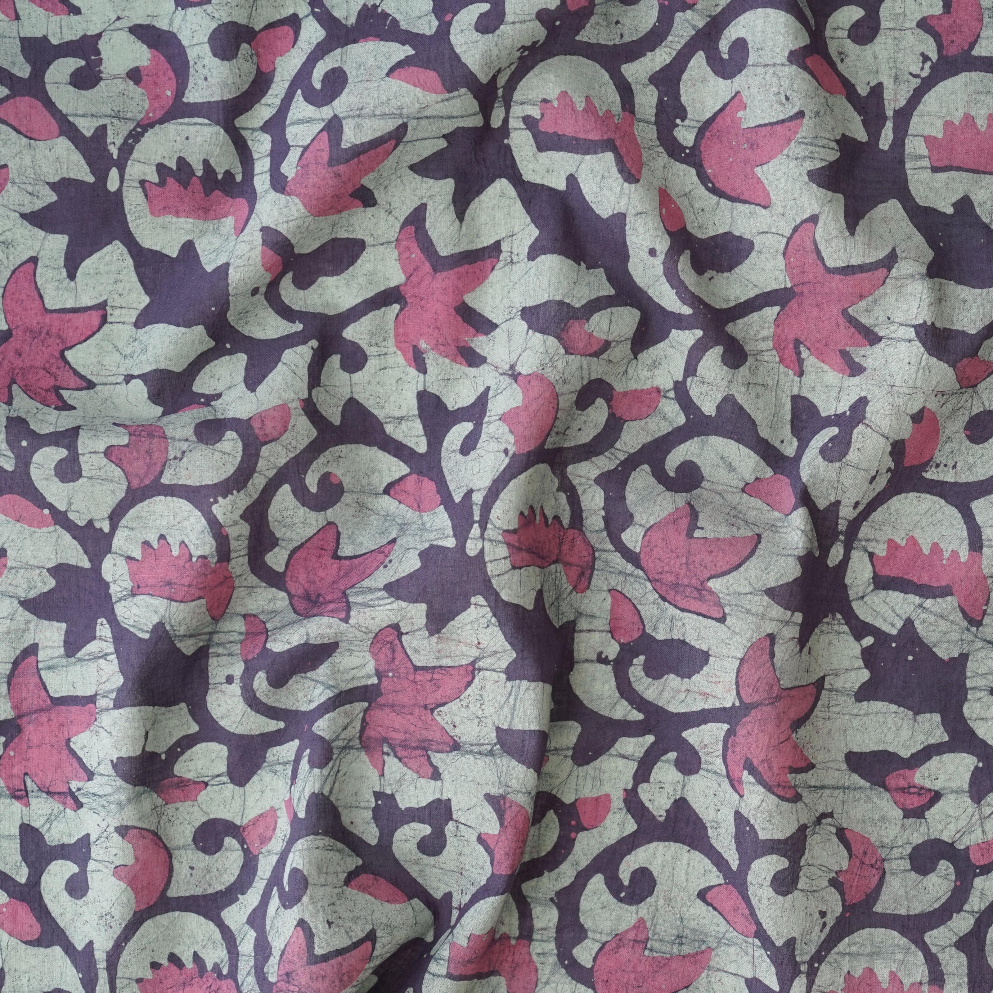 100% Block-Printed Batik Cotton Fabric From India - Fretwork Motif - Contrast