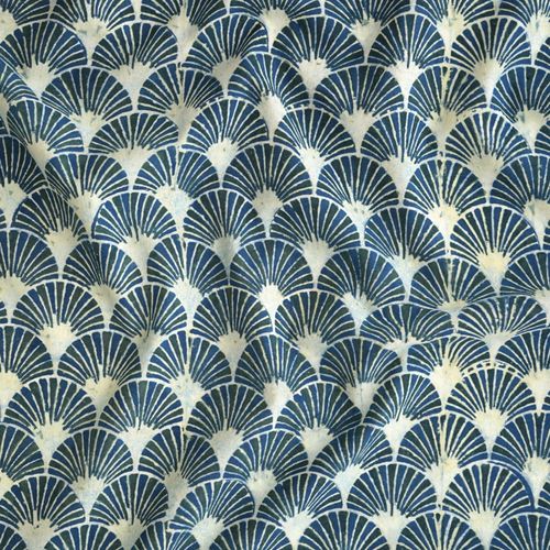 1 - SIK64 - Block-Printed Fabric - Cotton Cloth - Fan Design - Indigo, Black & Yellow - Contrast