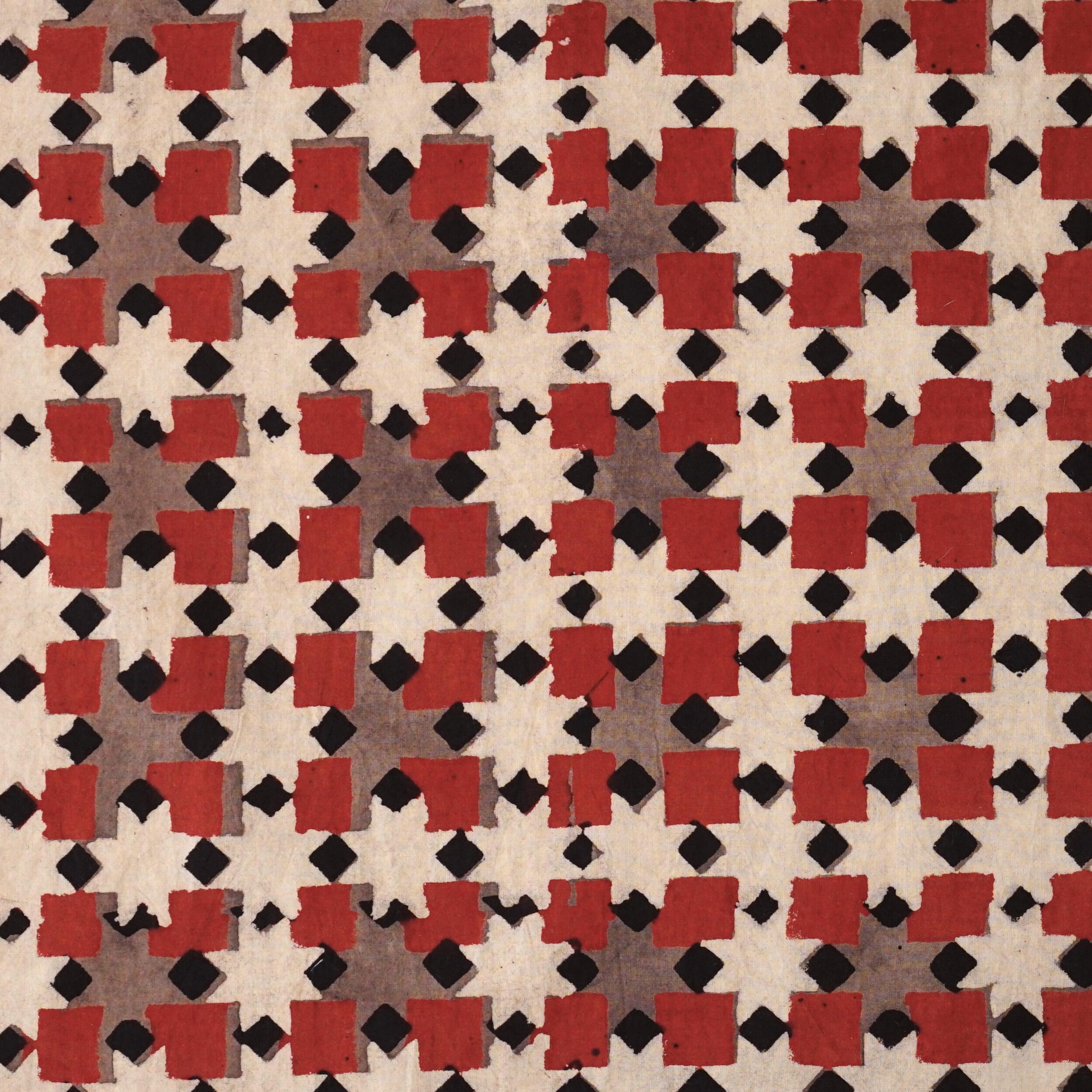 Block Printed Fabric, 100% Cotton, Ajrak Design: Pink Base, Black, Madder Root Red, Purple Square. Flat