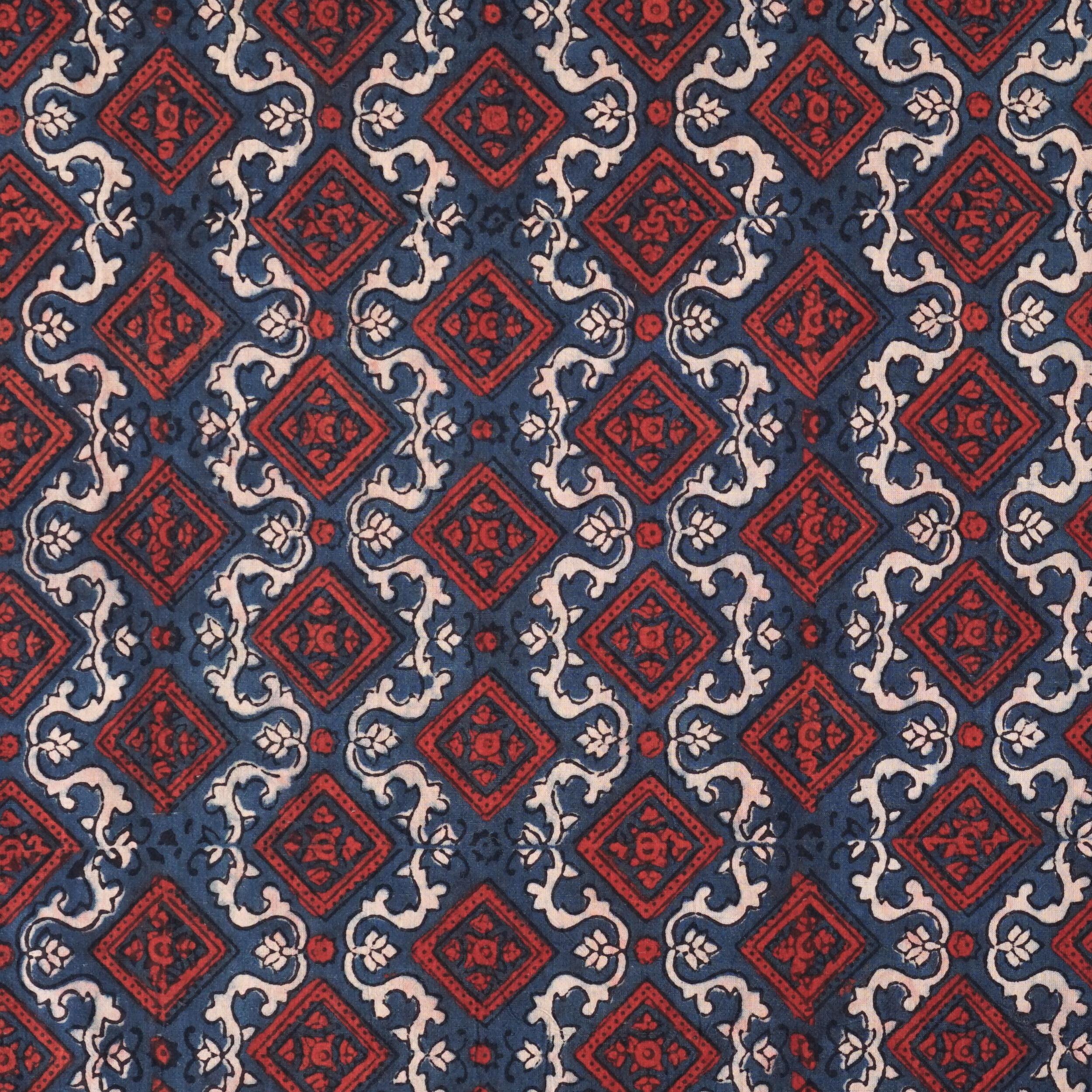Block Printed Fabric, 100% Cotton, Ajrak Design: Blue Base, White Vine, Red Square. Flat