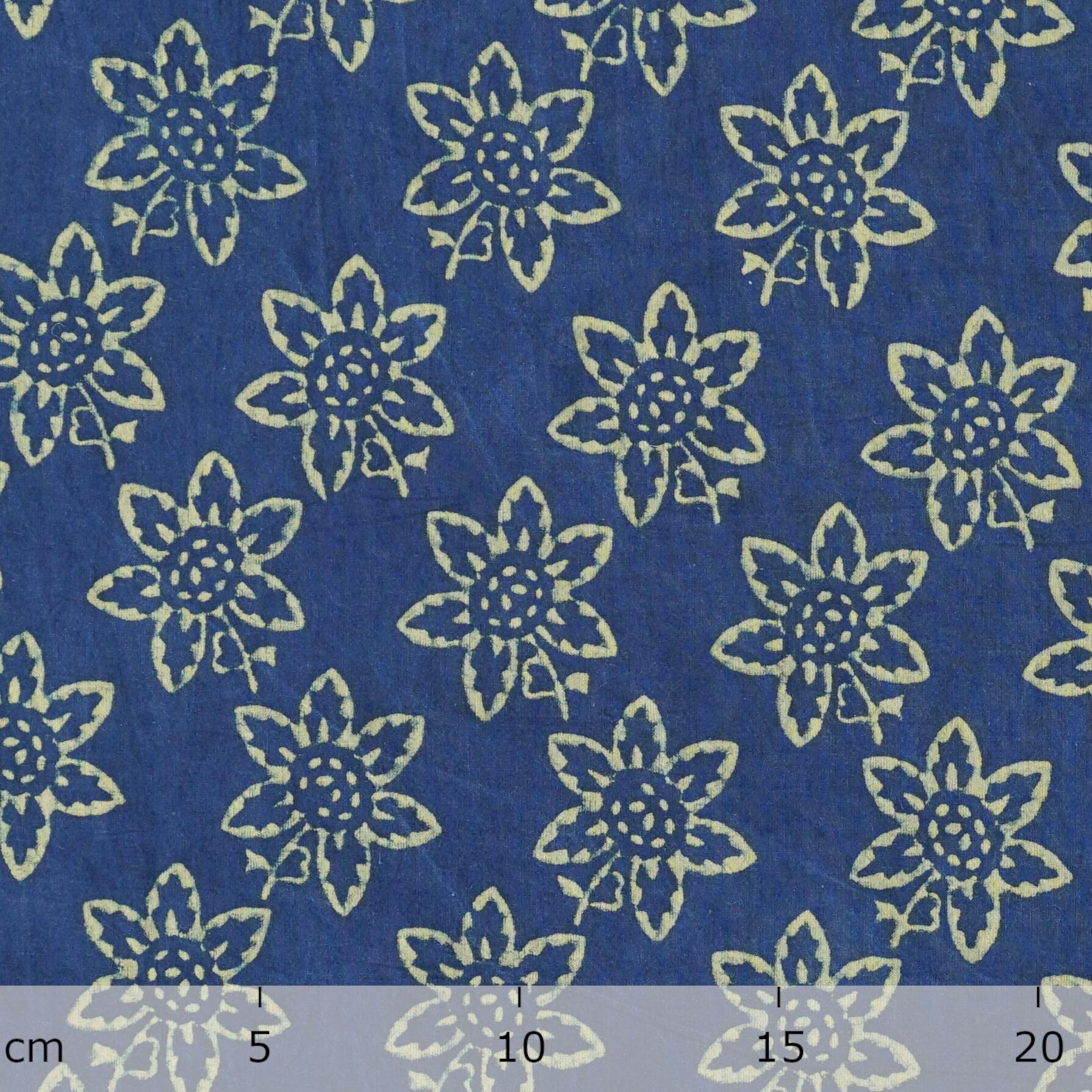 4 - AHM55 - Block-Printed Fabric - Flower Print - Indigo Blue & Tamarisk Yellow - Ruler